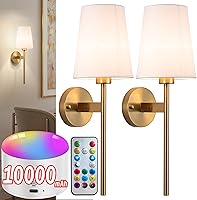 Vista 1 de Aplique de pared a pilas con control remoto, pantalla de tela blanca, juego de 2 apliques de pared alimentados por pilas, lámpara de pared