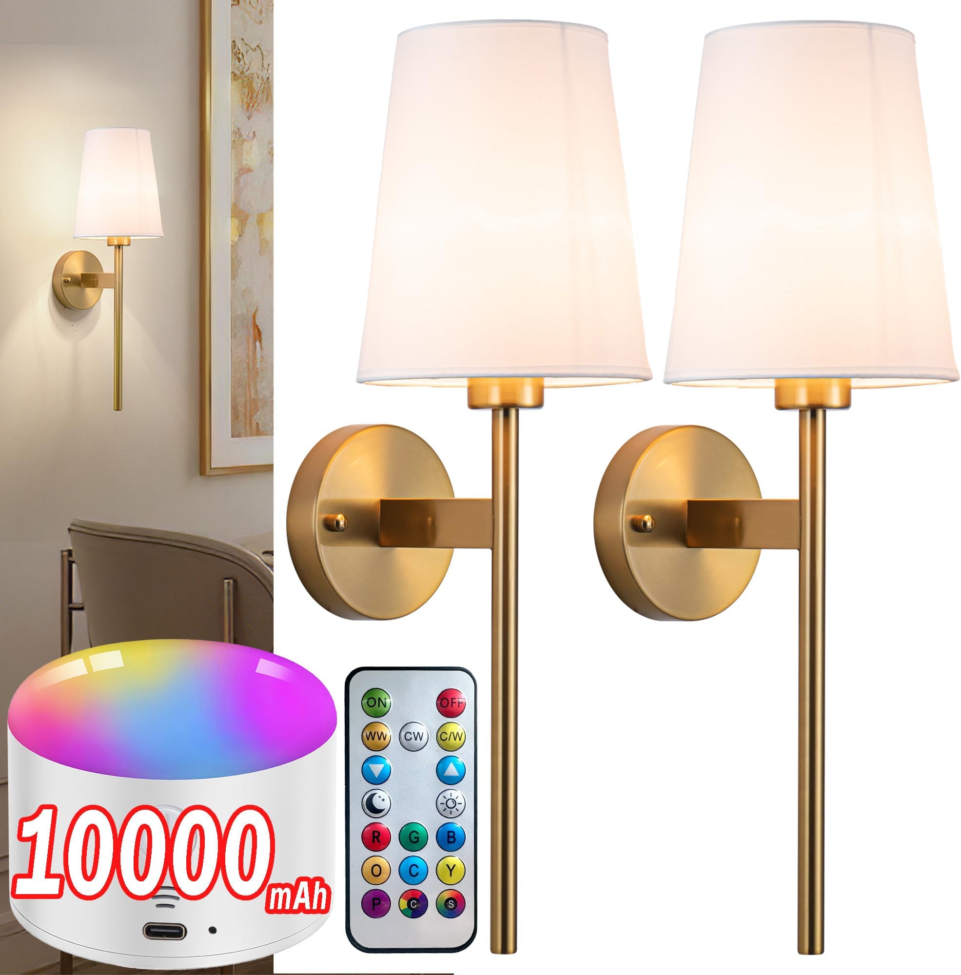 Battery Operated Wall Sconce With Remote,White Fabric Shade Set Of 2 Battery Powered Sconces Wall Lighting Indoor Wireless Dimmable Wall Lamp With 3 Color Temp Bulb For Bedroom Living Room