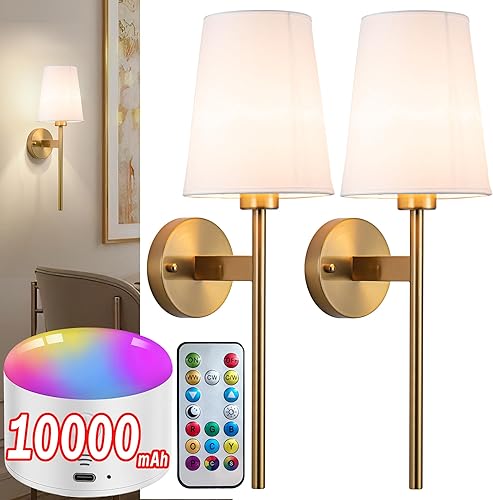 Aplique de pared a pilas con control remoto, pantalla de tela blanca, juego de 2 apliques de pared alimentados por pilas, lámpara de pared