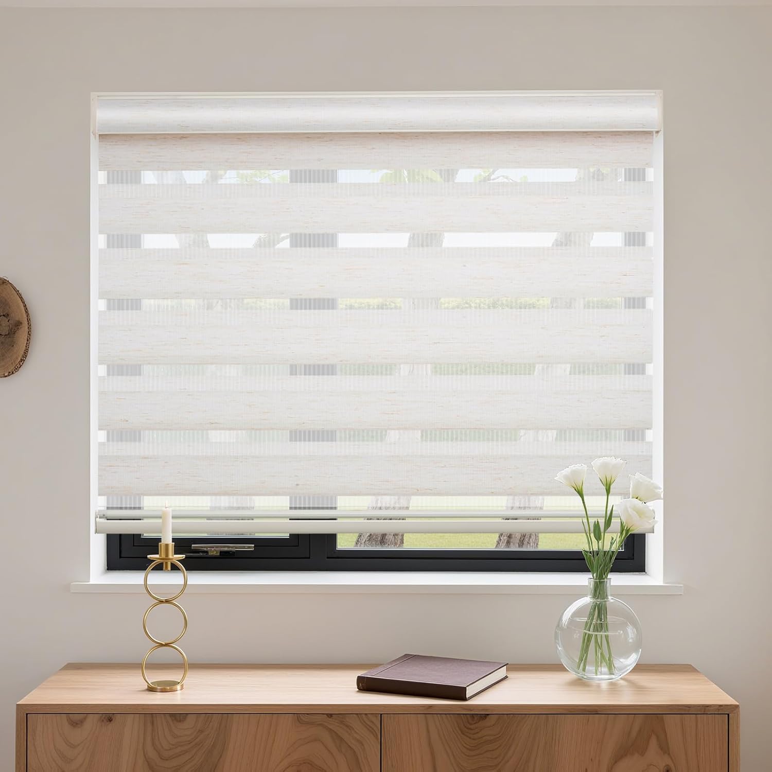 myshade cordless zebra blinds with free-stop function - dual layer light filtering & privacy sheer shades for day and night - easy install window shades for home, living room, 30" w x 64" h,beige beige 30" w x 64" h