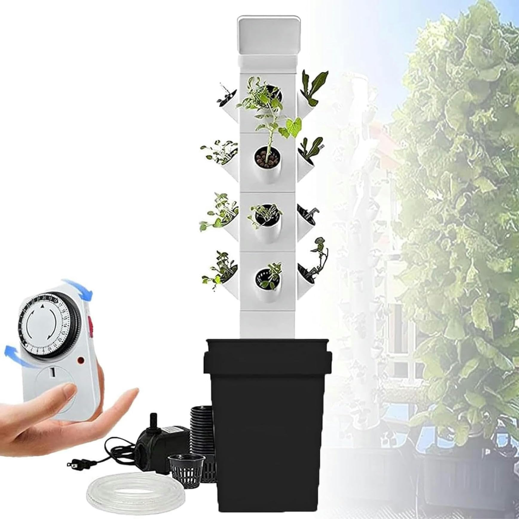 Hydroponic Tower for Garden Pot, Moisturizing Pump/Timer/Adapter, Aironic Cultivation Kit for Herbs, Fruits and Vegetable Pots, 24 Holes // 1 Piece