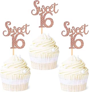 Ercadio 24 Pack Sweet 16 Cupcake Toppers Rose Gold Glitter Sixteen Cake Picks Kids 16th Birthday Anniversary Party Cake De...
