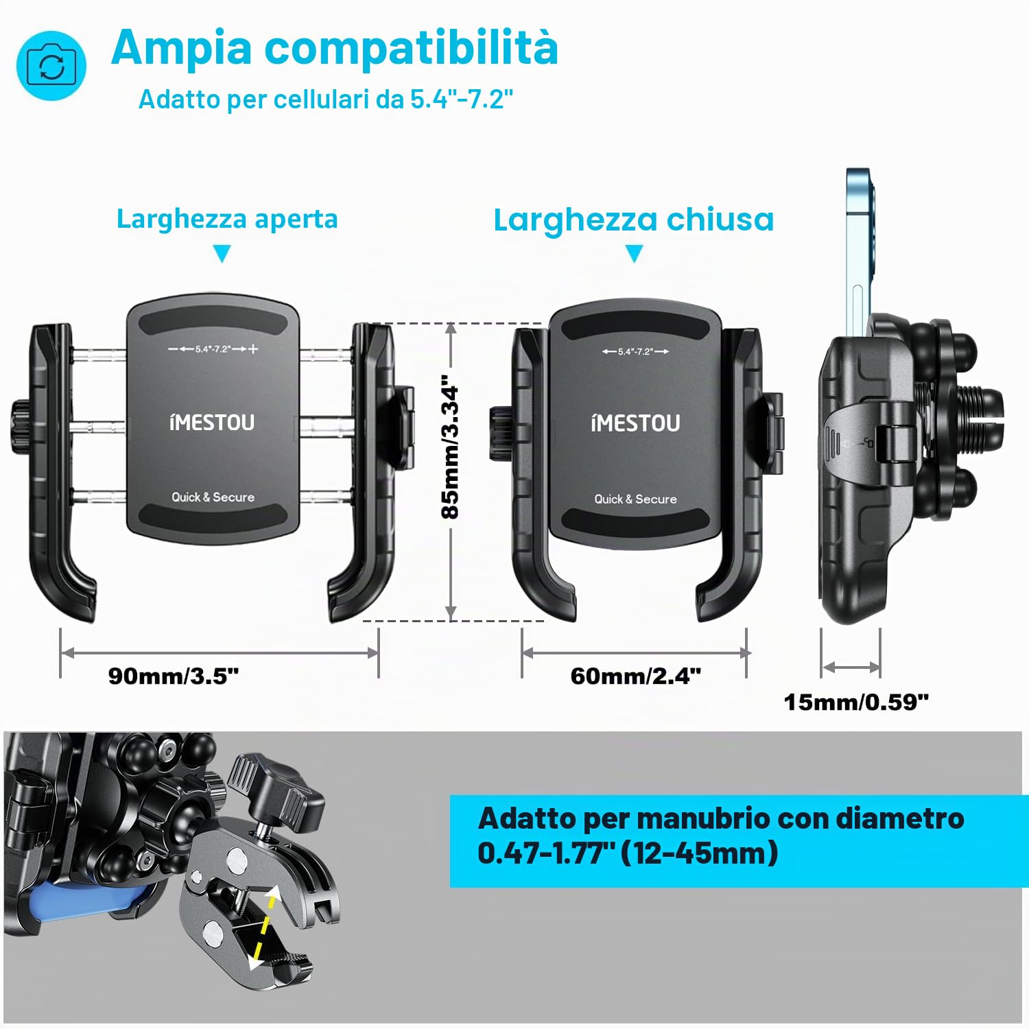 iMESTOU Supporto Cellulare Moto Antivibrazione, Supporto Universale Antivibrazione per Smartphone da 5,4"-7,2" Fino a 15 mm di Spessore, Sgancio Rapido, Adatto per Manubri di Moto e Bici da 12-45 mm