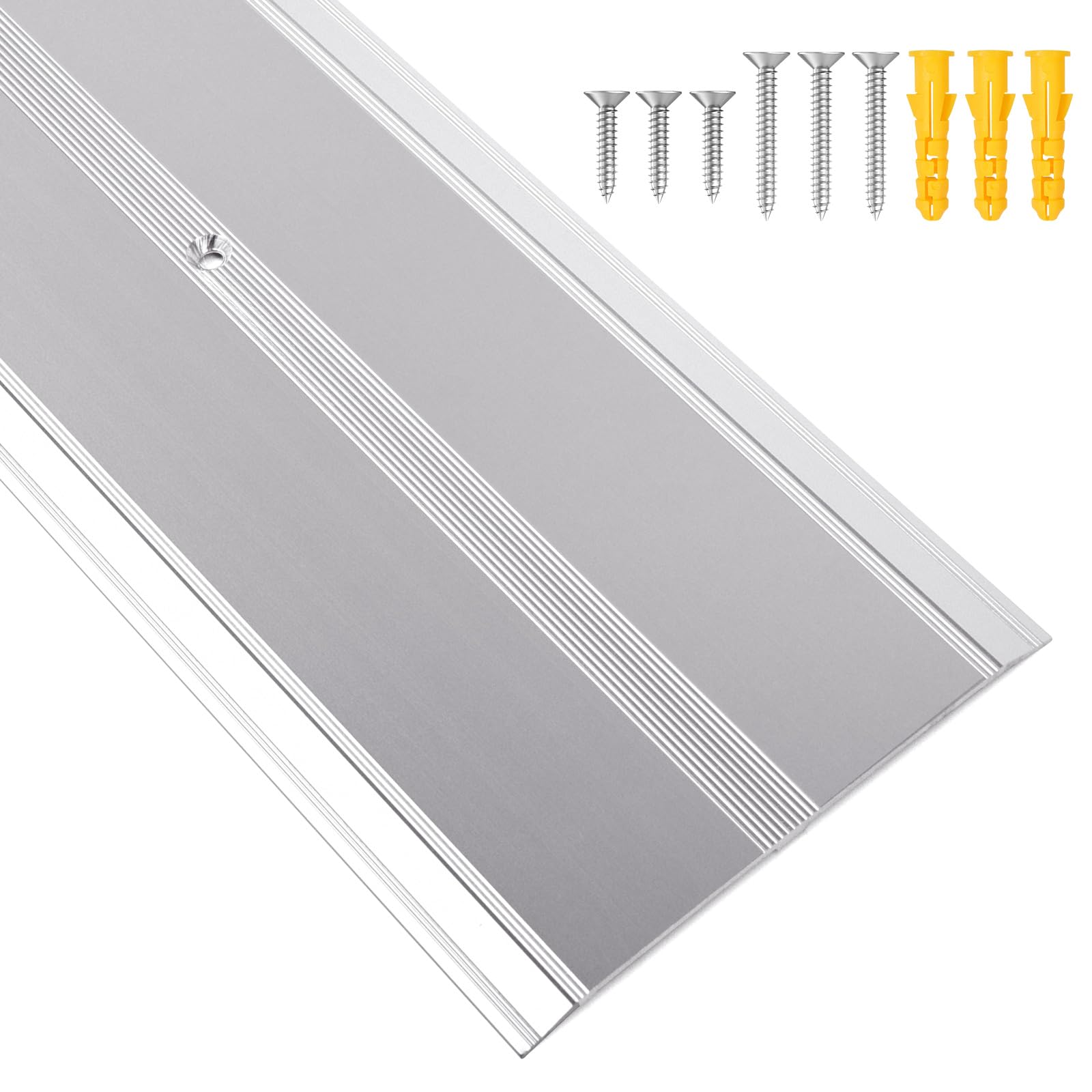 Photo 1 of Heneymo Aluminum Floor Transition Strip, 0.1"H Flat Metal Door Threshold for Vinyl Wood Tile Carpet Concrete Flooring Gaps, Doorway Protector and Decor, Size 36"L x 4"W (Silver)