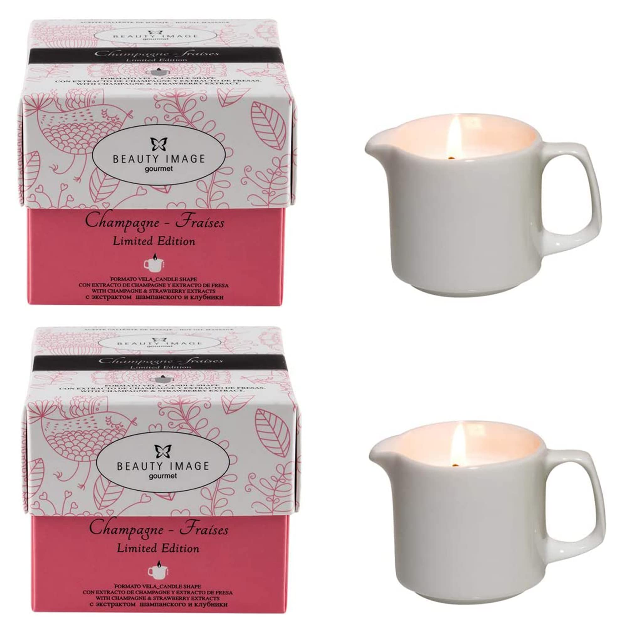 BEAUTY IMAGE Pack de 2 Velas de Masaje - Con Extractos de Champán y Fresas - Gourmet. De 2 a 3 Masajes de Cuerpo Entero cada Vela. Aceite Caliente para Masaje Profesional. Calidad Hecho en Europa.