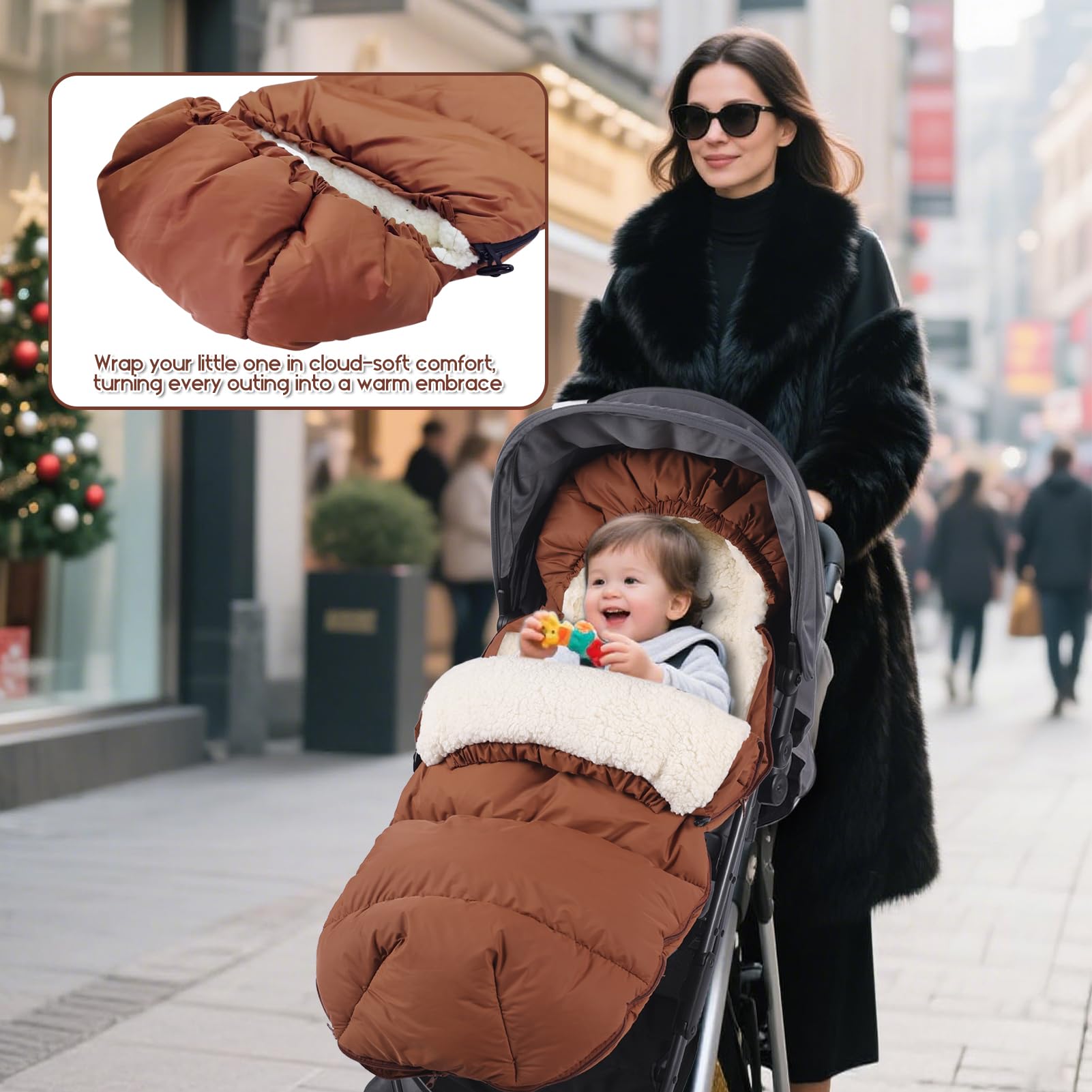 goldmiky Sacco Termico Passeggino Universale, Sacco Termico per Bebè, Fodera in Caldo Pile, Lavabile in Lavatrice Rimovibile, per Passeggini e Carrozzine con Imbracatura a 3 e 5 Punti (marrone)