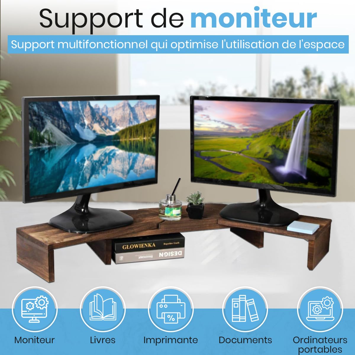 Fleau Rehausseur d'écran réglable Home - Support pour ordinateur portable - Organiseur de bureau ergonomique - Support pour deux écrans avec tiroir - Rehausseur - Bois