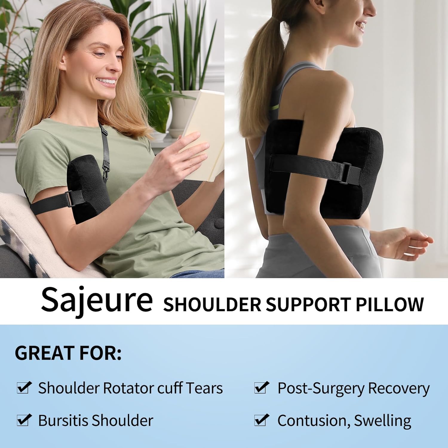 Rotator Cuff Pillow for Sleeping with Adjustable Straps, Shoulder Pain Relief pillow for Side Sleepers, Arm Cushion After Surgery Recovery Supplies for Bursitis, Rotator Cuff Injury, Black