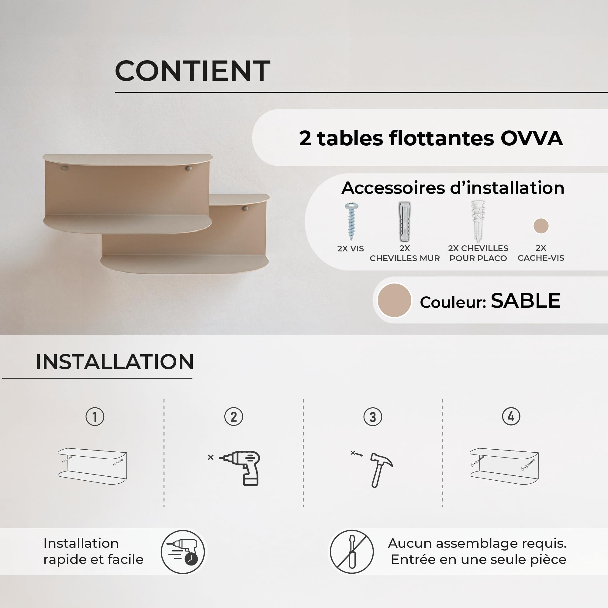 MILUKA Table de Nuit Lot de 2 | 40 x 20 cm | Étagère Murale à 2 Niveaux en Métal Beige Sable | Petite Table de Chevet Suspendue, Console d'Entrée o Coiffeuse