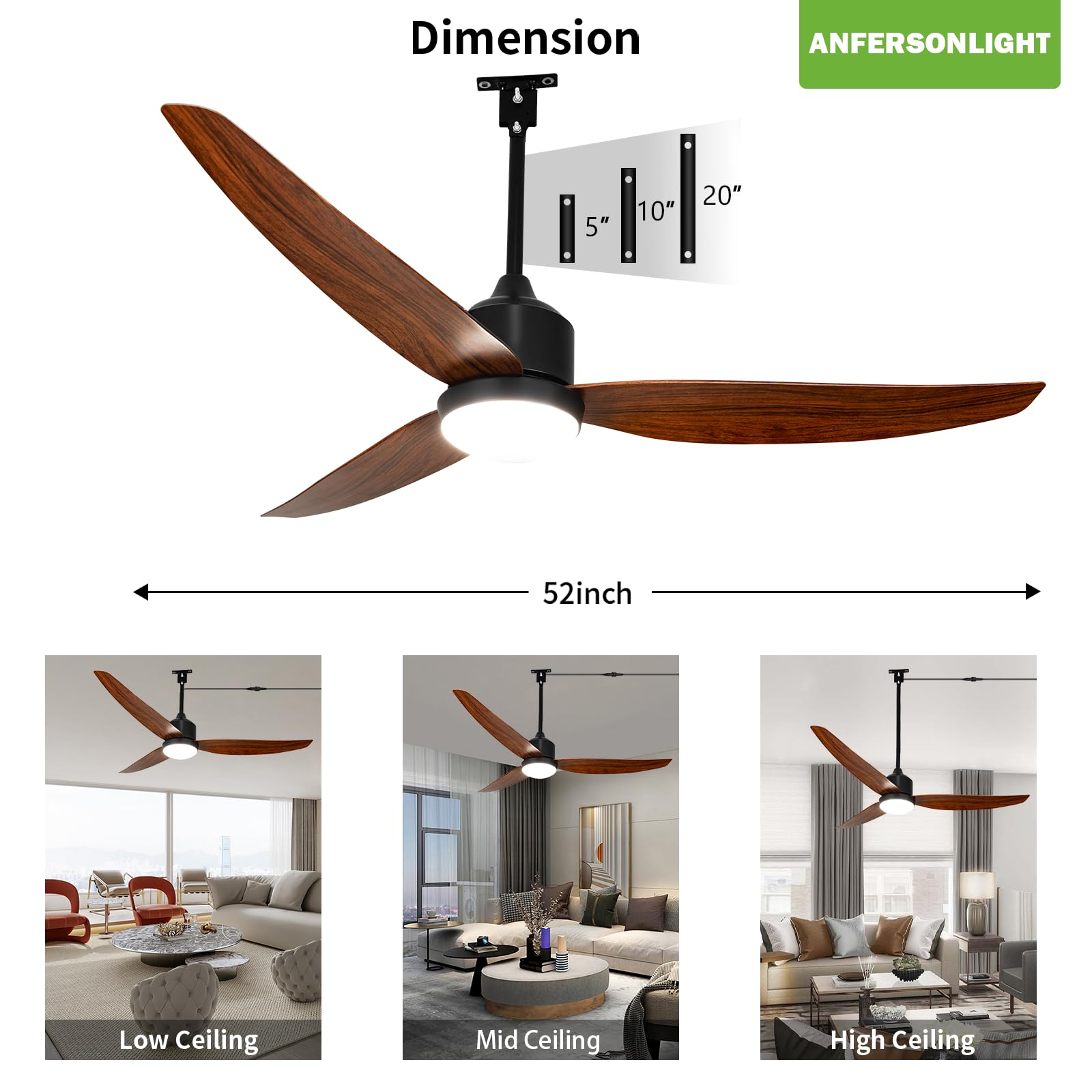 Ventilador de techo exterior con luz y mando a distancia, 132 cm, con 3 alas para tienda de campaña, motor CC impermeable, 6 velocidades reversibles, regulable, temperatura