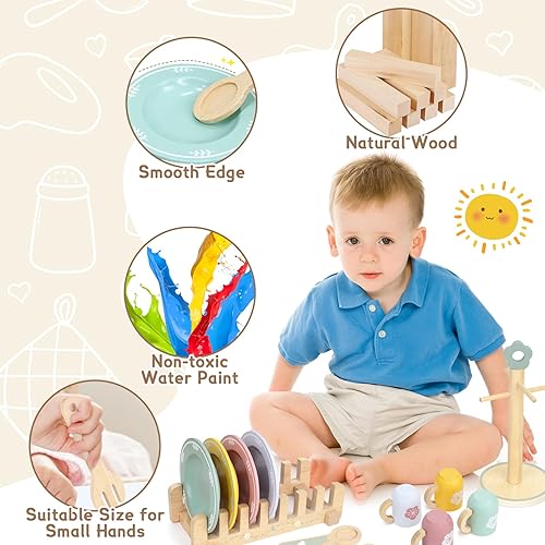 Miniatura 8 de Juego de cocina de 20 piezas con platos y platos de juguete de madera, juguetes de cocina Montessori para niñas y niños, accesorios de cocina de