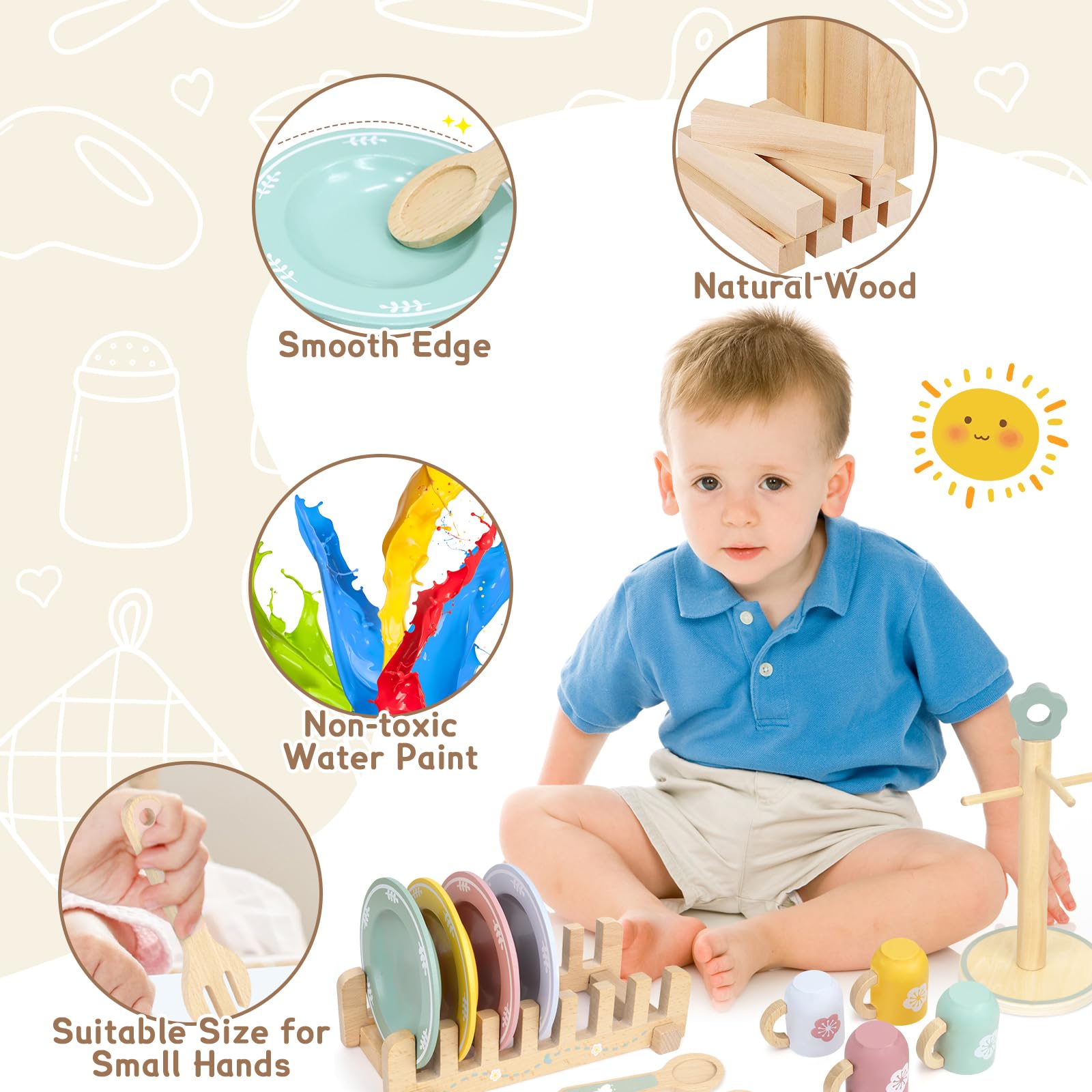 Montessori naczynia kuchenne dla dzieci, drewniane, 29 szt., filiżankami, talerzami, akcesoria kuchenne do zabawy, zastawa do herbaty, akcesoria kuchenne, prezent dla dziewcząt