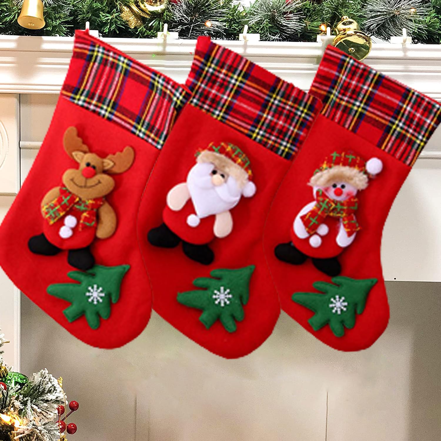 GGerou 2 Pack Gift Bag Stockings, 3D Stockings Gift & Treat Bags for Holiday Decoration Santa Reindeer Customed Design,Holiday Tree Fireplace Hanging Stockings (Large/Red)