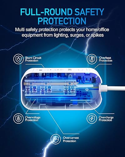 Miniatura 5 de Regleta de protección contra sobretensiones de 10 pies con PD de 65 W USB C para viajes, estación de carga USB de escritorio con 6 salidas y 3