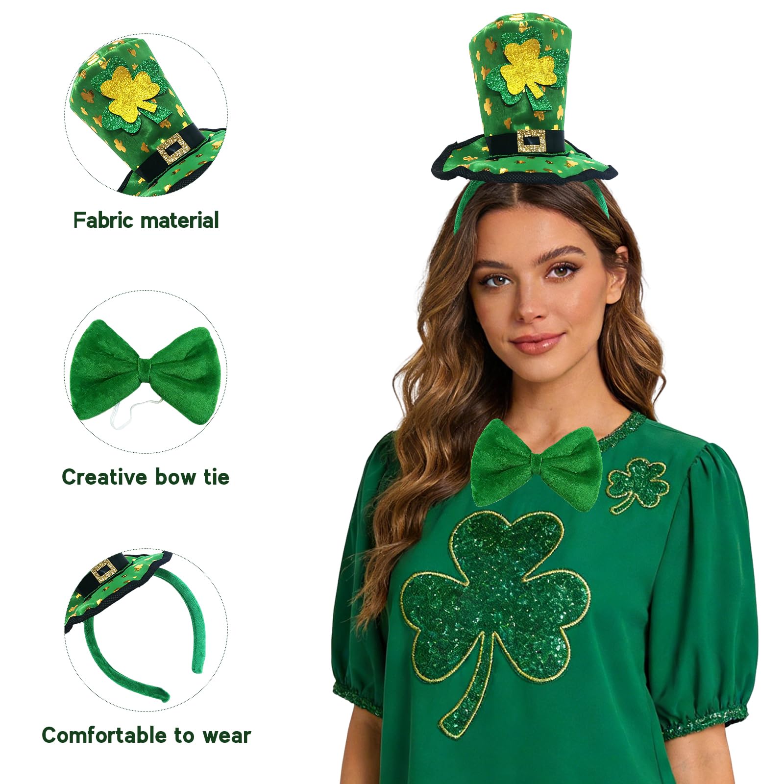 XinJiHongQiong 2 Pcs St Patricks Day Headband, Leprechaun Hat Headband Bow Tie, St Patricks Day Accessories - Image 3