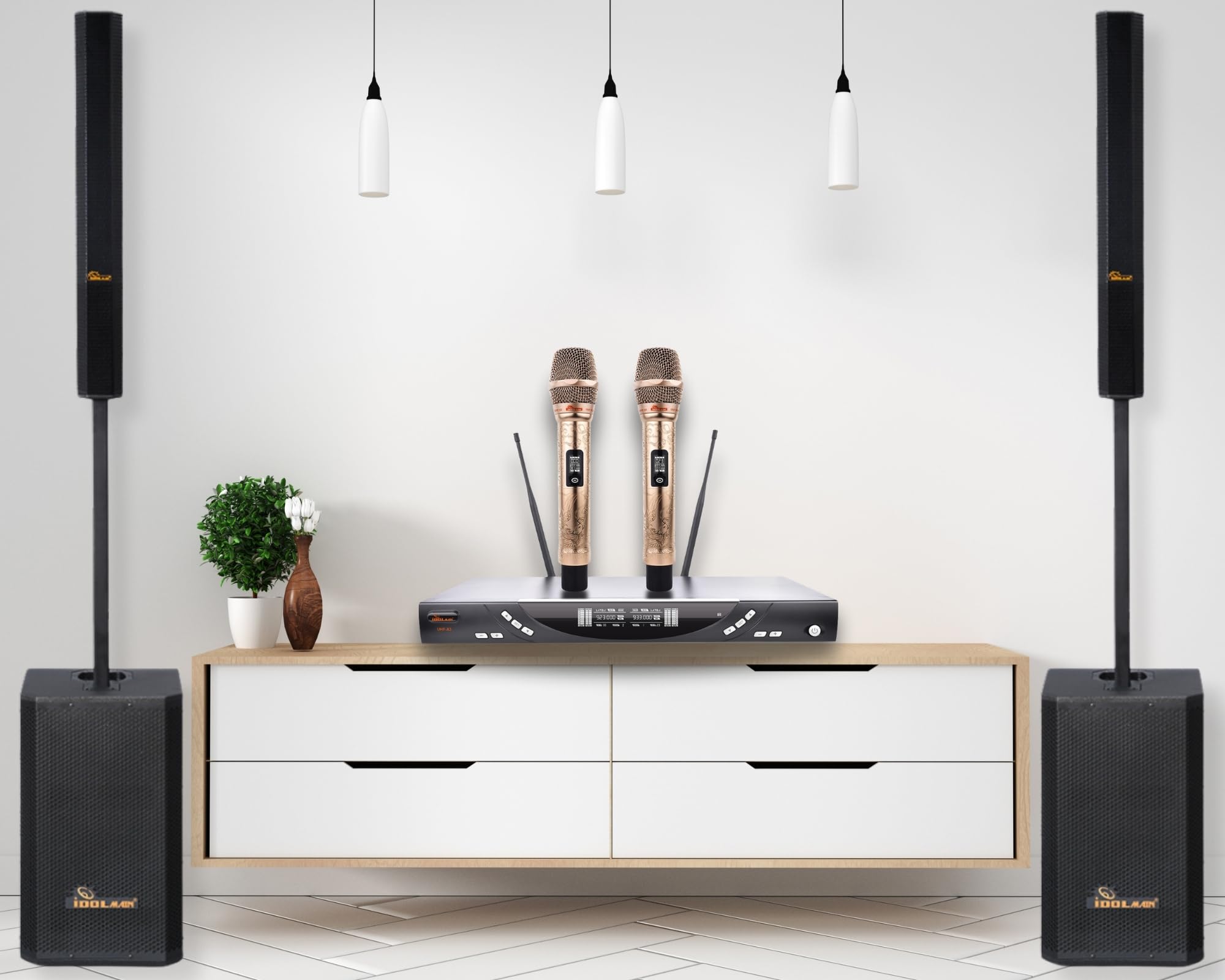 Home and Professional Use Impressive Karaoke System 8000W IPS-T4 Tower Array Speakers Paired with High-Performance UHF-X3 Wireless Microphones