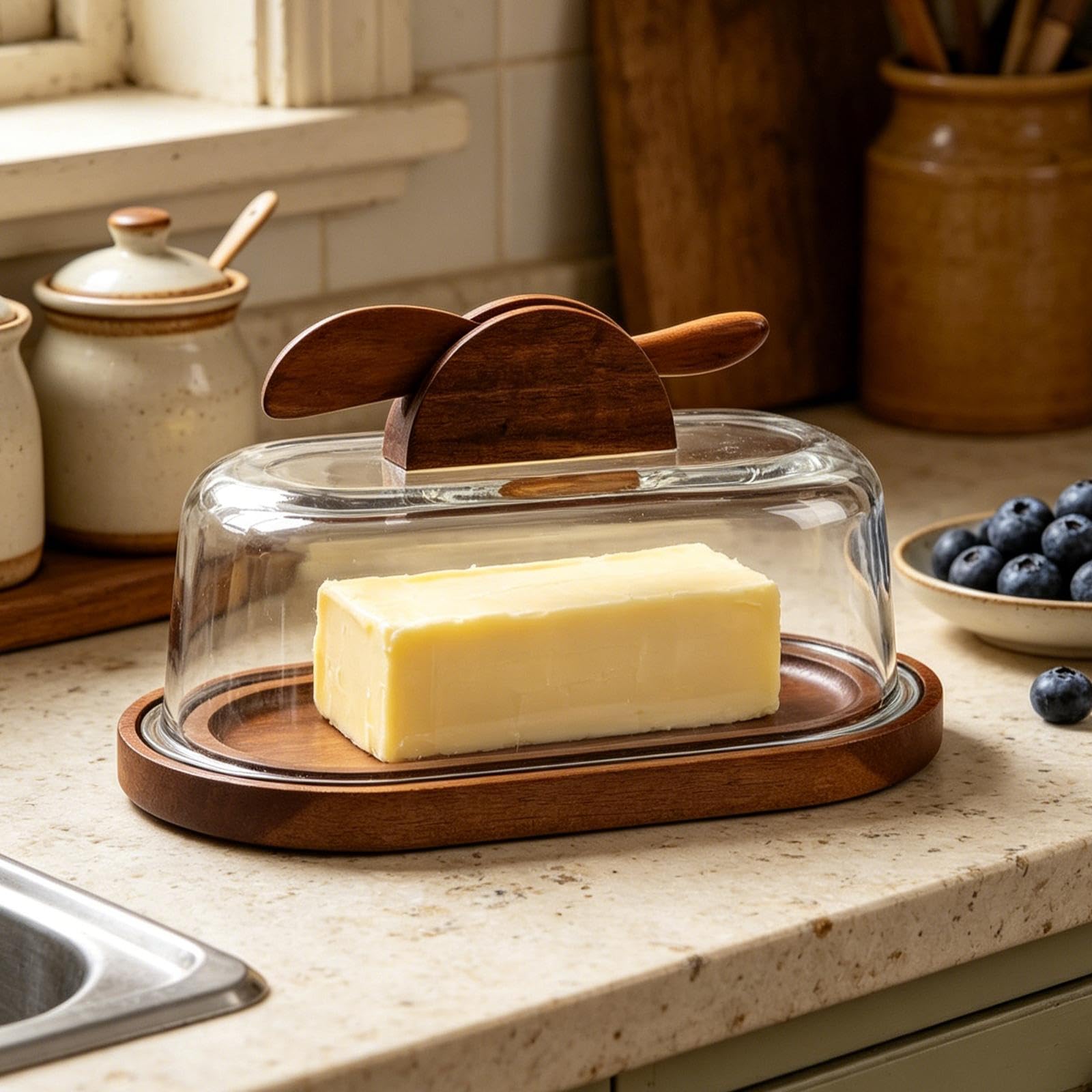 Butter Dish Vassoio Porta Burro Rettangolare con Coperchio Vetro E Base Legno Organizzatore Cucina per Conservare Formaggio E Dolci Scatola per