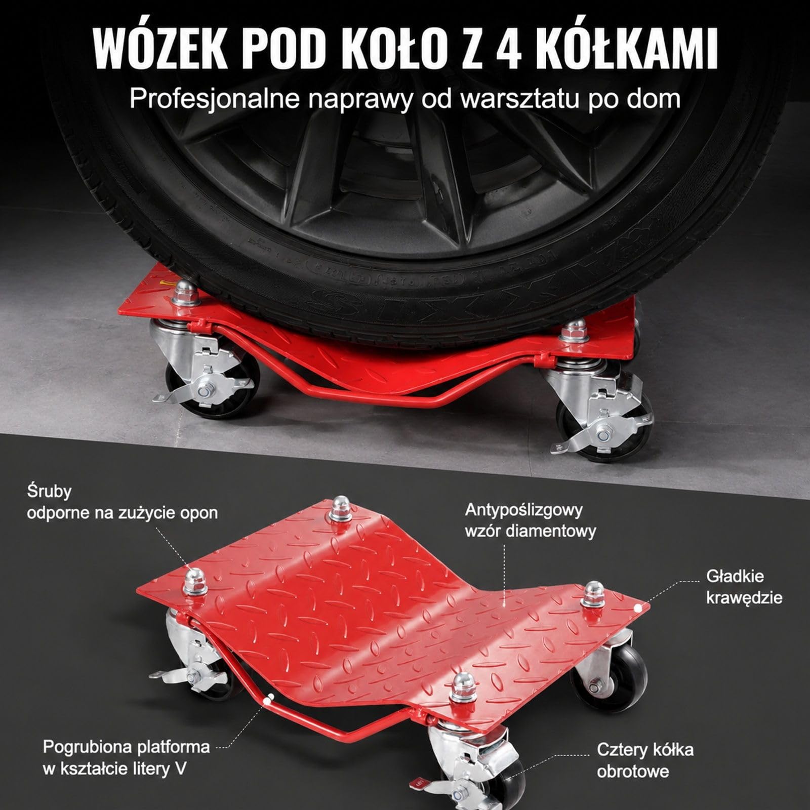Zestaw wózków pod koła, 4 sztuki, 3600 kg, podpory opon do przemieszczania samochodu