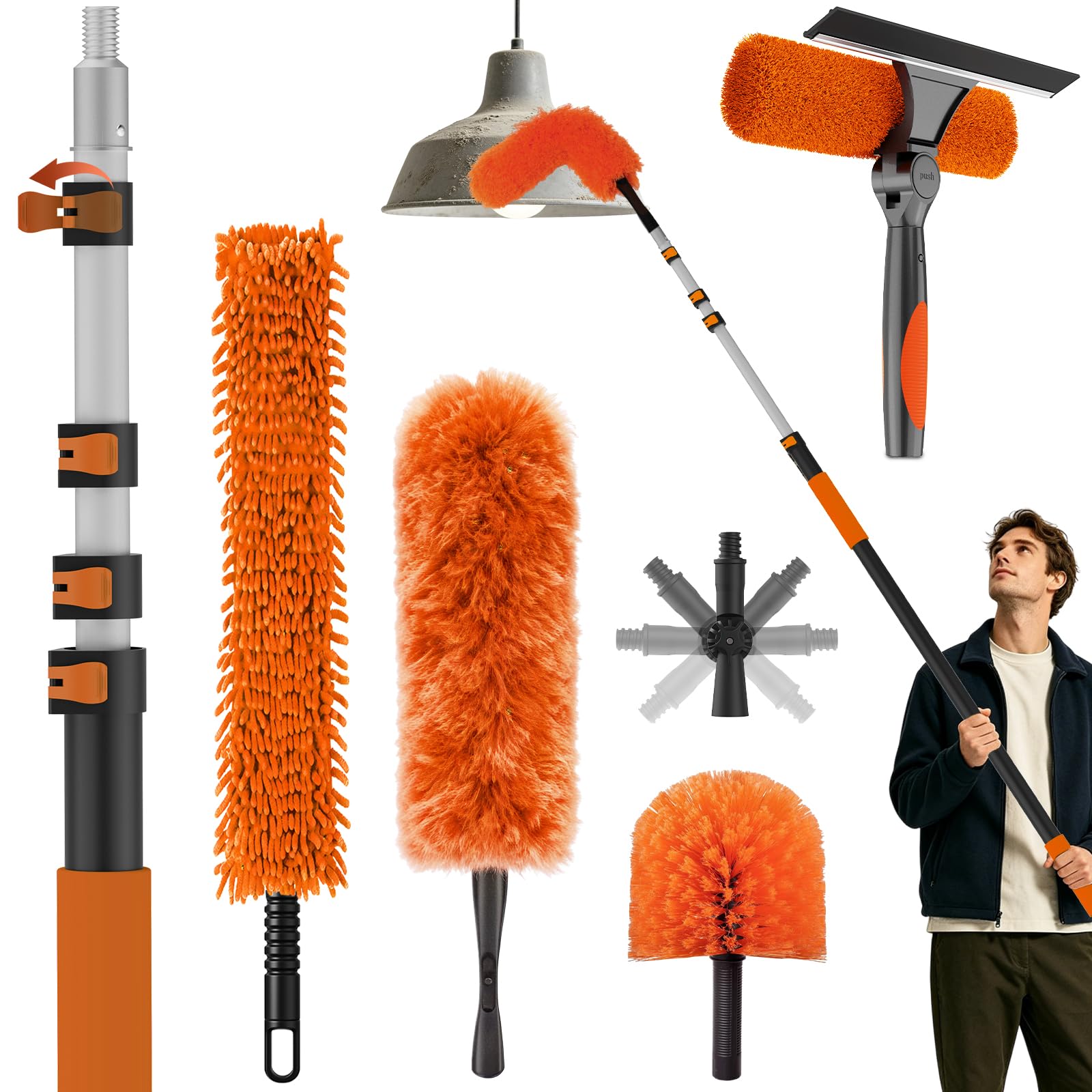 Photo 1 of 25FT Reach High Ceiling Duster Kits with 5-20FT Adjustable Pole - Includes Extra Long Duster, High Ceiling Duster, Rotatable Window Squeegee & Cobweb Duster for Ceiling Fans and Whole House Cleaning