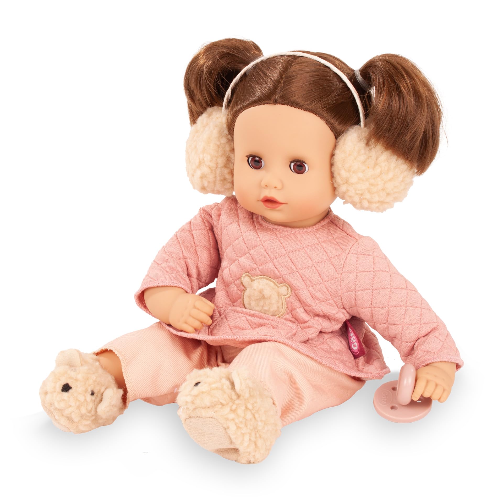 Götz 2620971 Muffin Bärig Puppe 33 cm Babypuppe braune Schlafaugen | 7-tlg, braune Haare, Weichkörper, für Kinder ab 3 Jahren, frisierbar, waschbares Haar, mit Schnuller und Ohrwärmern