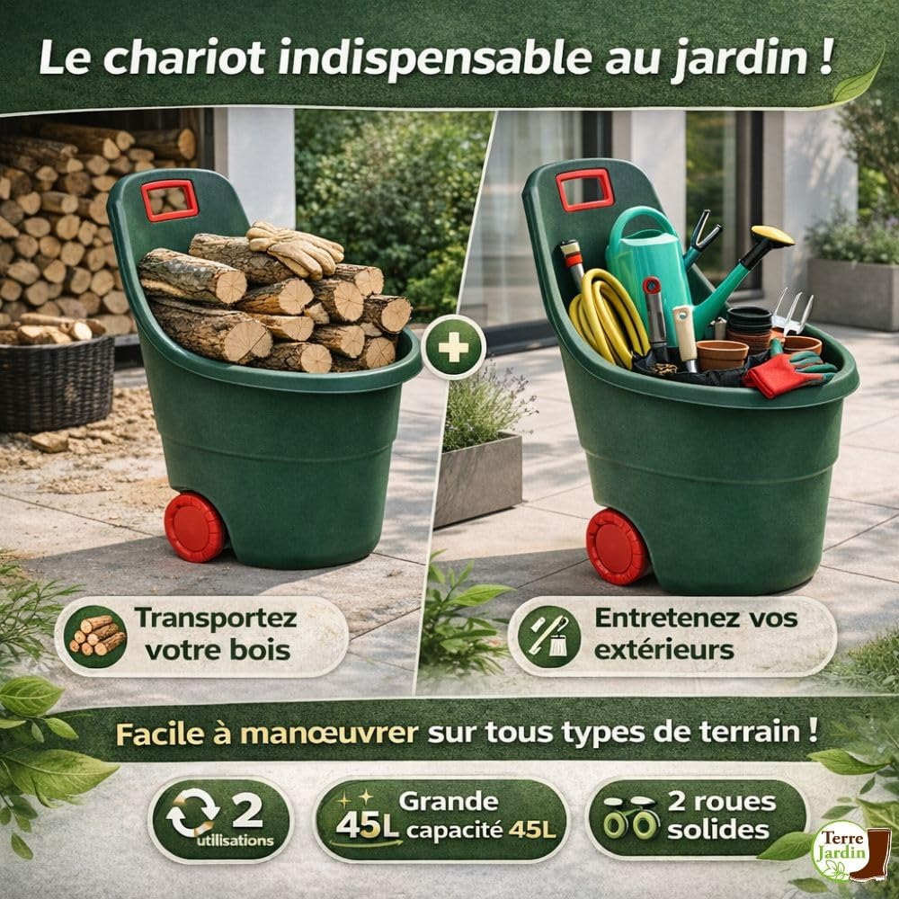 TERRE JARDIN Chariot de Jardin 45 L en Plastique - Brouette de Jardin 2 Roues Maniable avec Poignée - Chariot à roulettes pour Bois de Chauffage, Déchets Verts et Entretien Extérieur