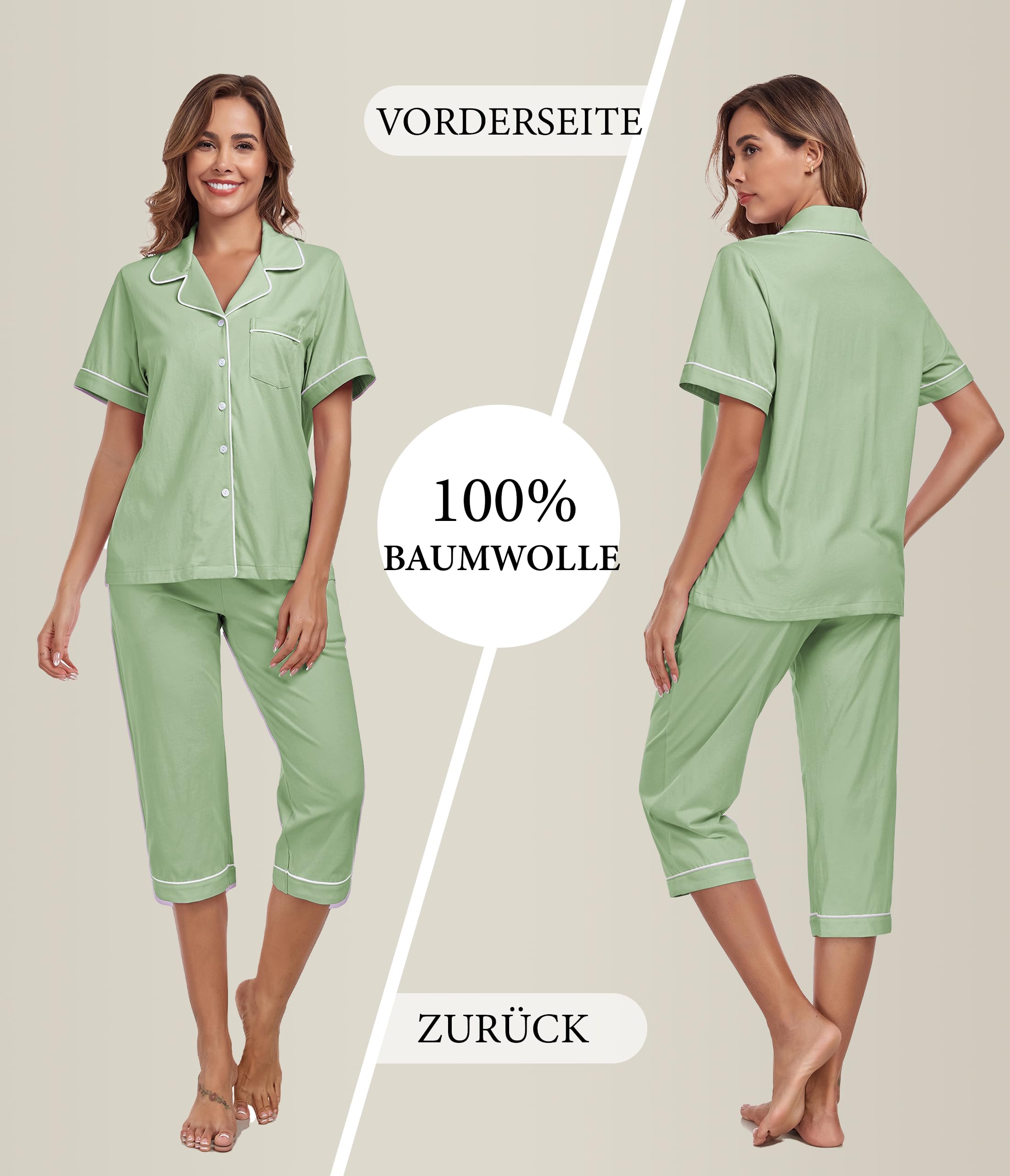 COLORFULLEAF Pyjama d'été court 100 % coton pour femme - Ensemble pyjama 2 pièces - Haut à manches courtes et pantalon long 3/4 - Vêtement de nuit