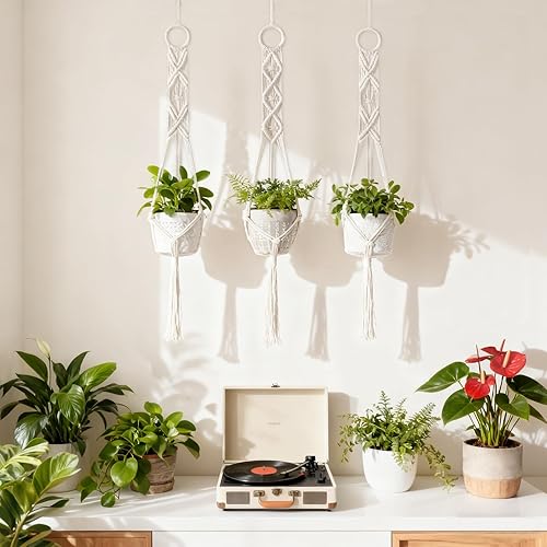 Miniatura 5 de Mkono Juego de 3 colgadores de macramé para colgar en la pared de interiores, cesta para maceta, soporte para macetas, decoración bohemia para el