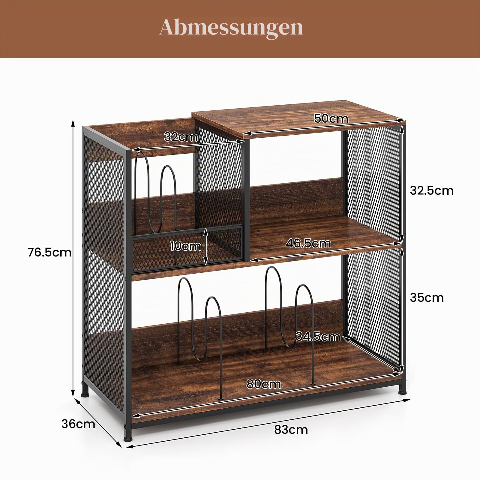 KOMFOTTEU Vinyl-Plattenspielerständer für bis zu 300 Alben, 3-stöckige Schallplatten-Display mit 3 abnehmbaren Trennwänden, Plattenspieler aus Holz und Metall (Braun)