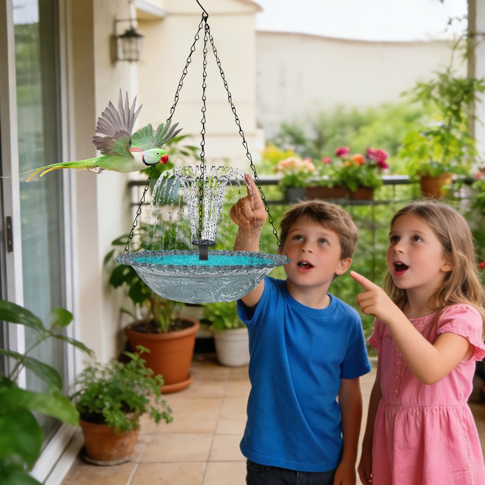 Solar Bird Bath - Hangable Hummingbird Shower Bowl with Solar Fountain Pump for Continuous Water Flow, Eco-Friendly Outdoor Water Feature for Garden Patio Backyard, Resin Material, 9.25x9.25x18inches