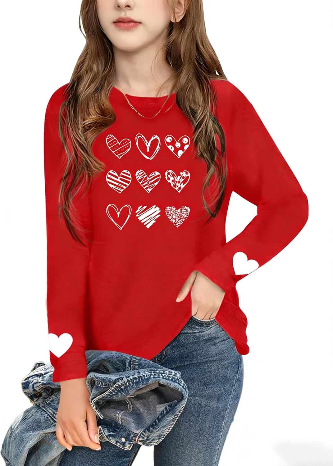 Girls Valentines Day Shirt：Cute Heart Graphic Long Sleeve Tee Tops 6-14y