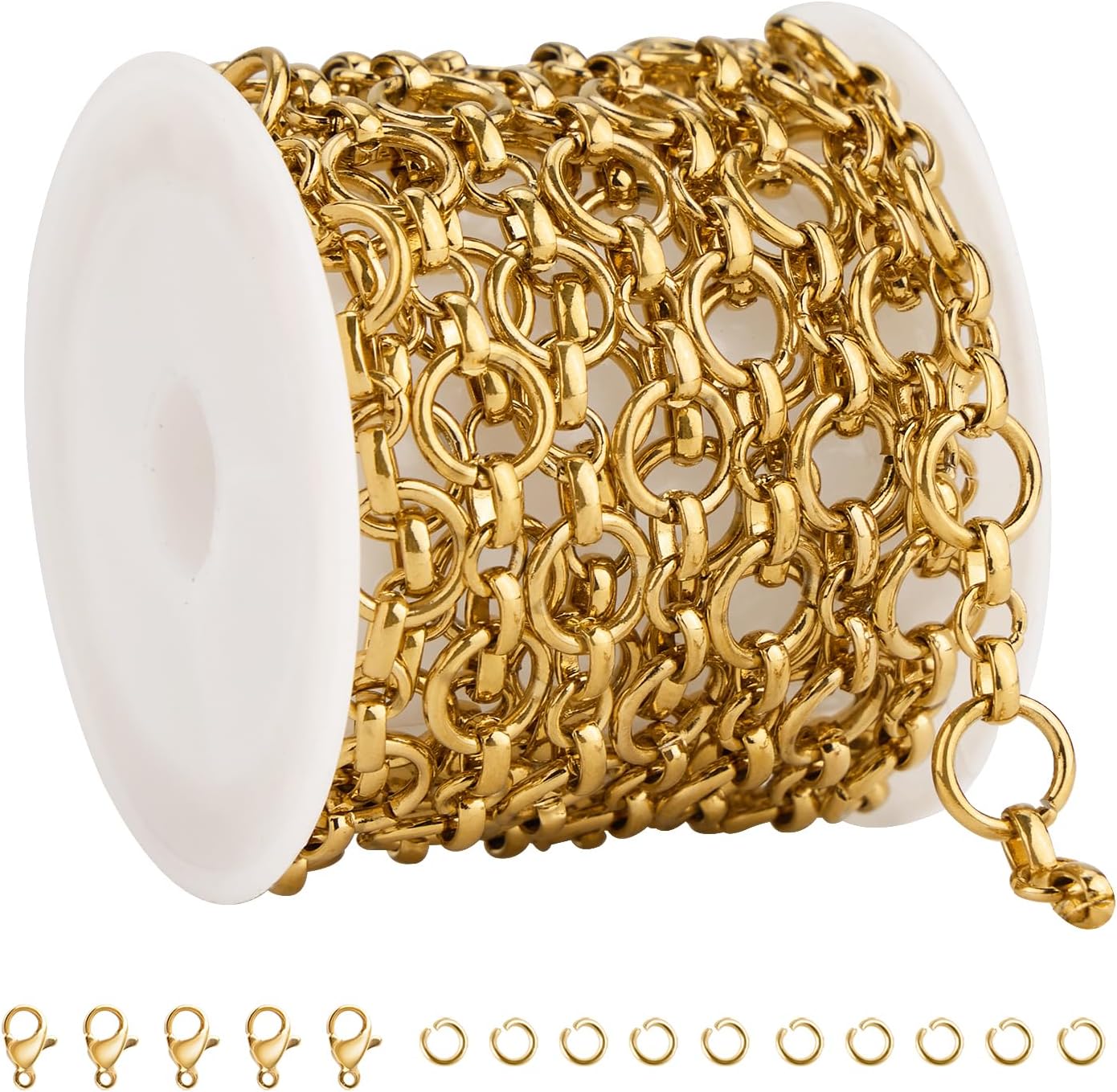 SMYHTGLIF 6.5 Feet Unwelded Round Circle Bulk Rolo Chain for Jewelry Making Gold Plated Stainless Steel Jewelry Making Chain Supplies with Lobster Clasps and Open Jump Rings