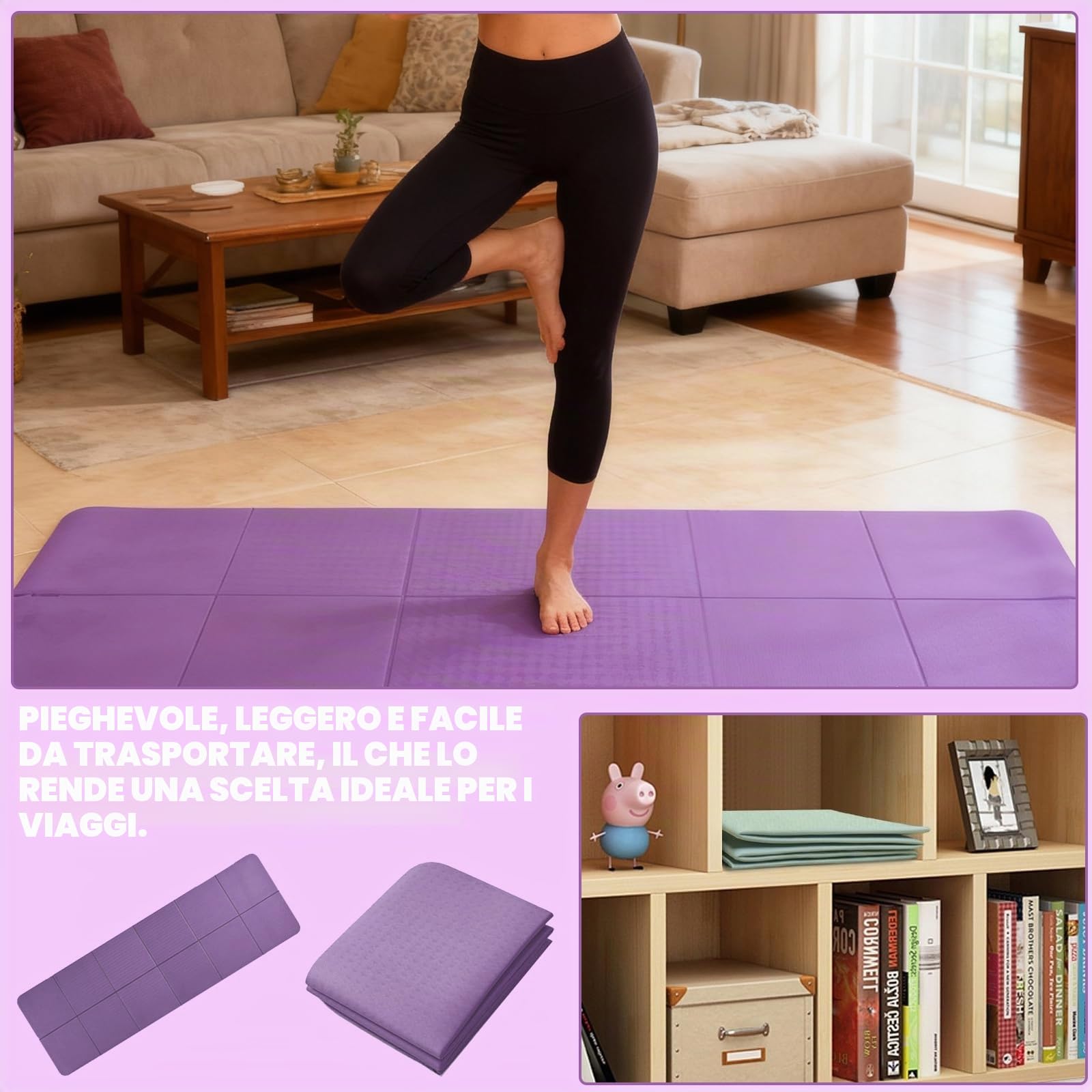 Tappetino Yoga Pieghevole 183 X 61 X 0.4 cm Tappetino Palestra Pieghevole Tappetino Fitness Antiscivolo Yoga Mat con Borsa, per Fitness Esercizio Pilates Sport