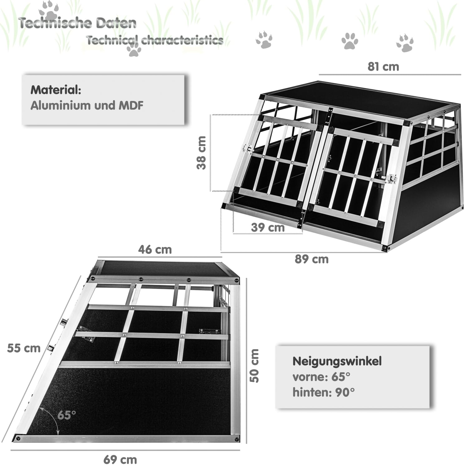 Hundebox gerade Rückwand 90° - Größenwahl, Zwei Türen, Trennwand