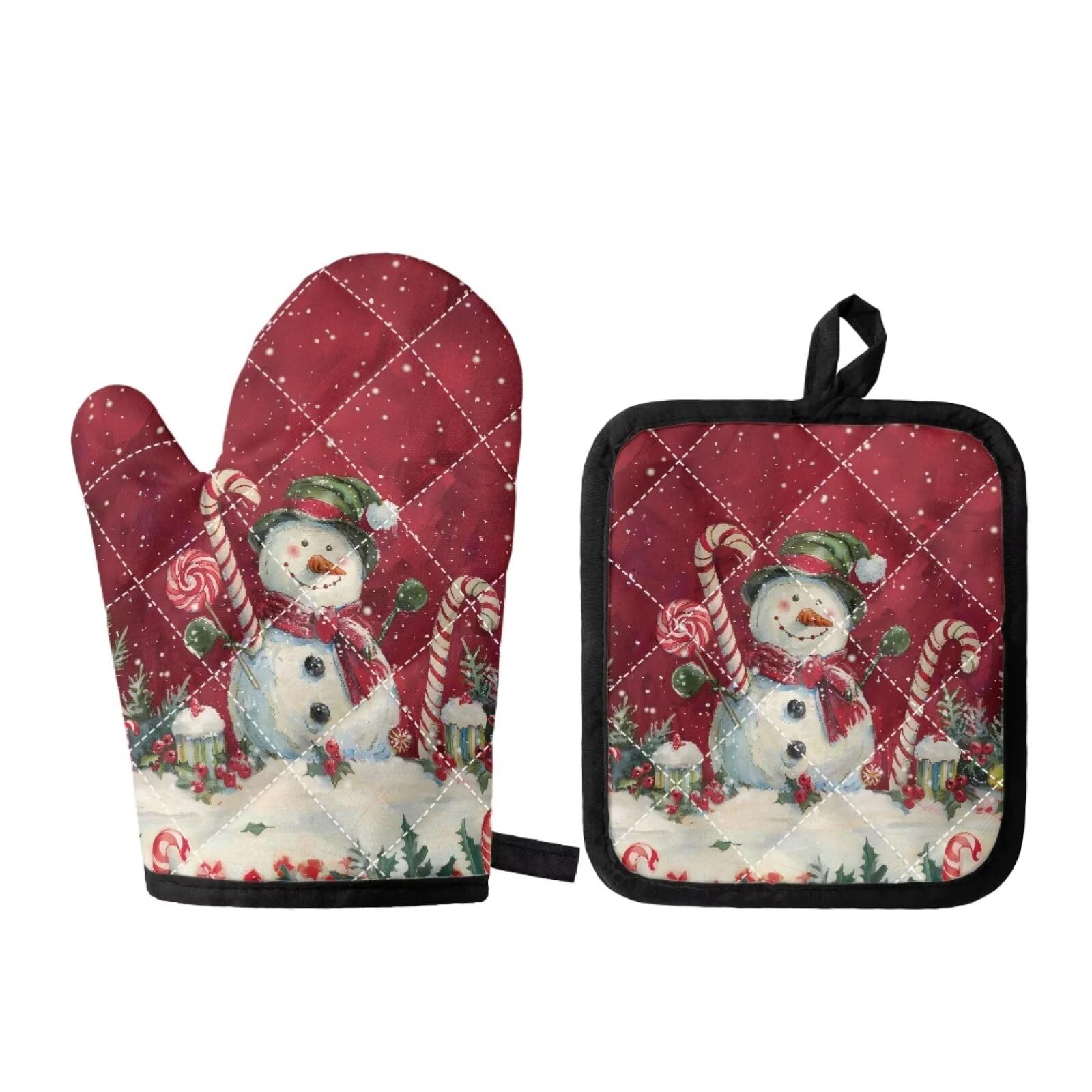 JOAIFO Christmas Oven Mitts and Pot Holders 2 Pcs Set, Cute Snowman Kitchen Cotton Oven Glove for Cooking, Stylish Kitchen Christmas Decorations