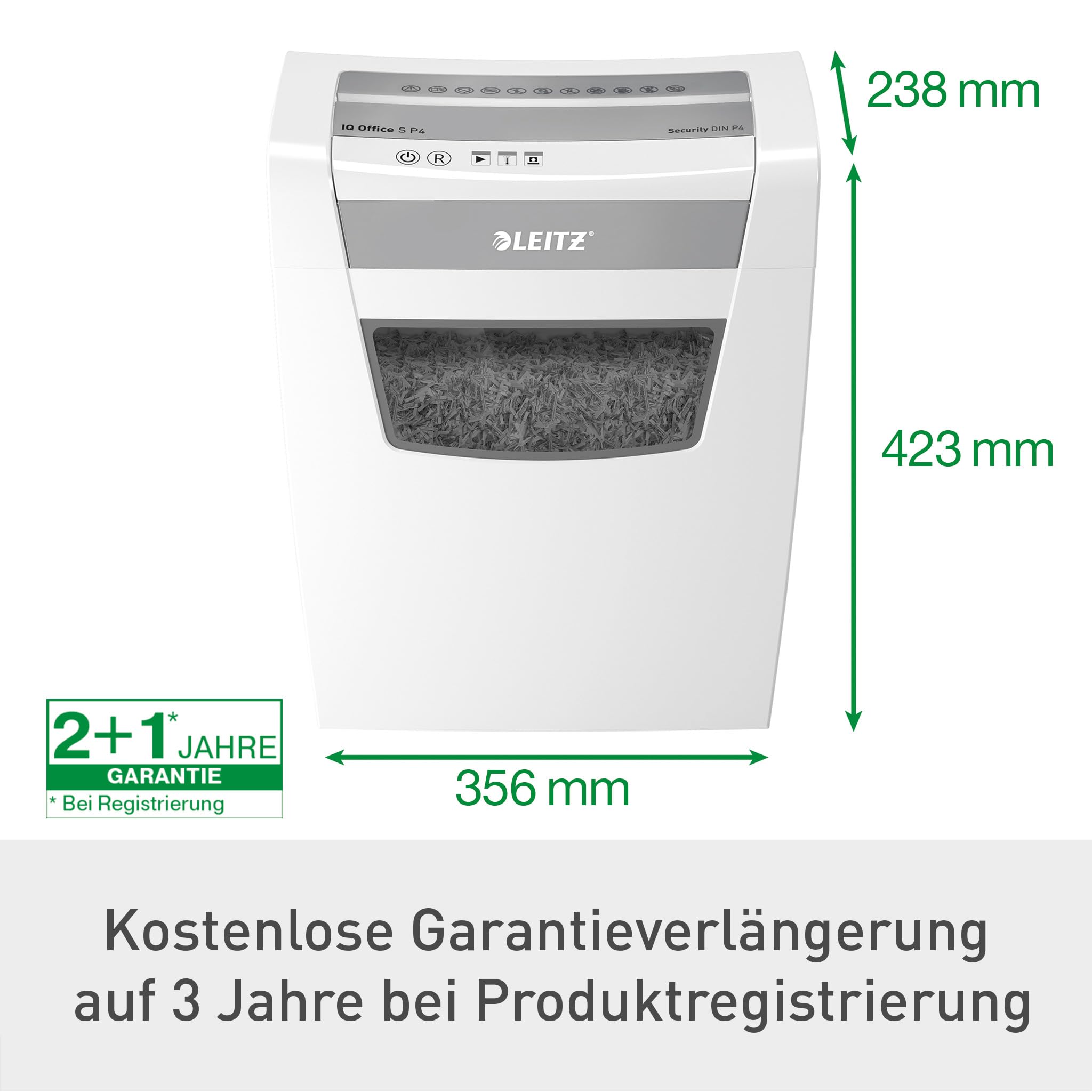 Leitz IQ Aktenvernichter Office S, 14-12 Blatt Kapazität (70-80 g/m²), TÜV+GS zertifiziert, Partikelschnitt, Sicherheitsstufe P4, Besonders leise, 23L Behälter, Schredder für Büro, Weiß, 80990000