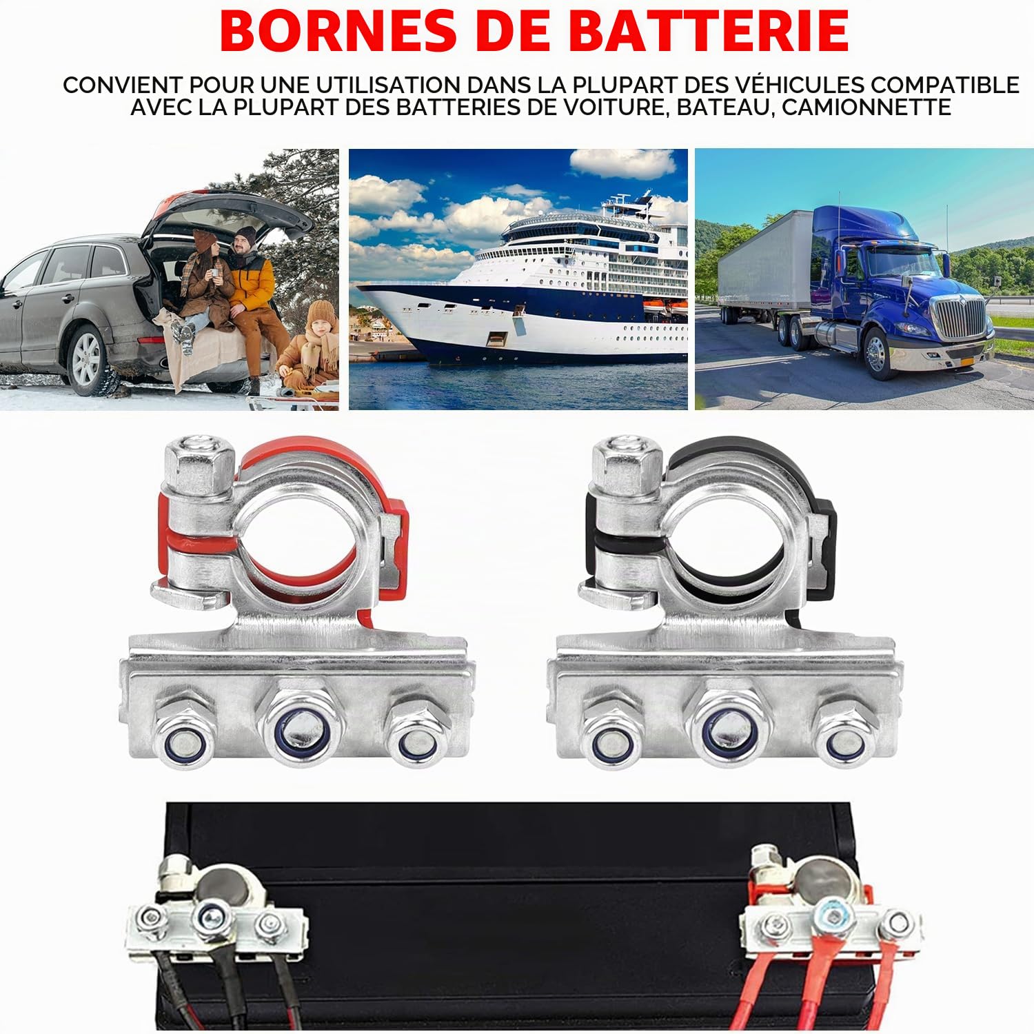 Cosse Batterie 12v Lot de 2 Connecteur de Borne de Batterie 3 Voies 12 V Cosses Batterie Voiture Raccordement de Batterie Positif et Négatif pour Voiture, Camionnette, Caravane, Campin