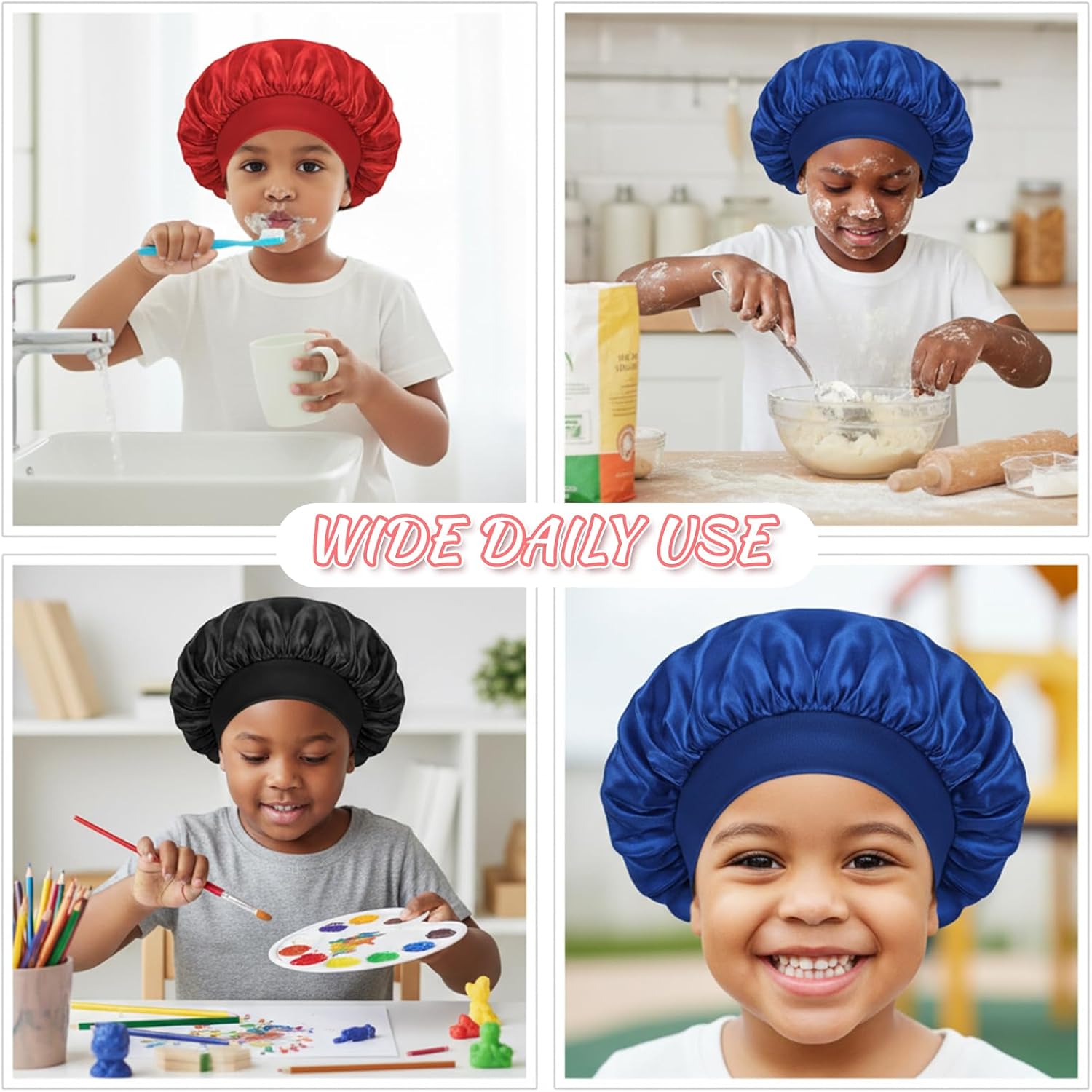 3 PCS Kids Bonnet for Boys, Elastic Silk Kids Bonnet for Girls Sleeping, Wide Band Satin Bonnets for Toddler, Child