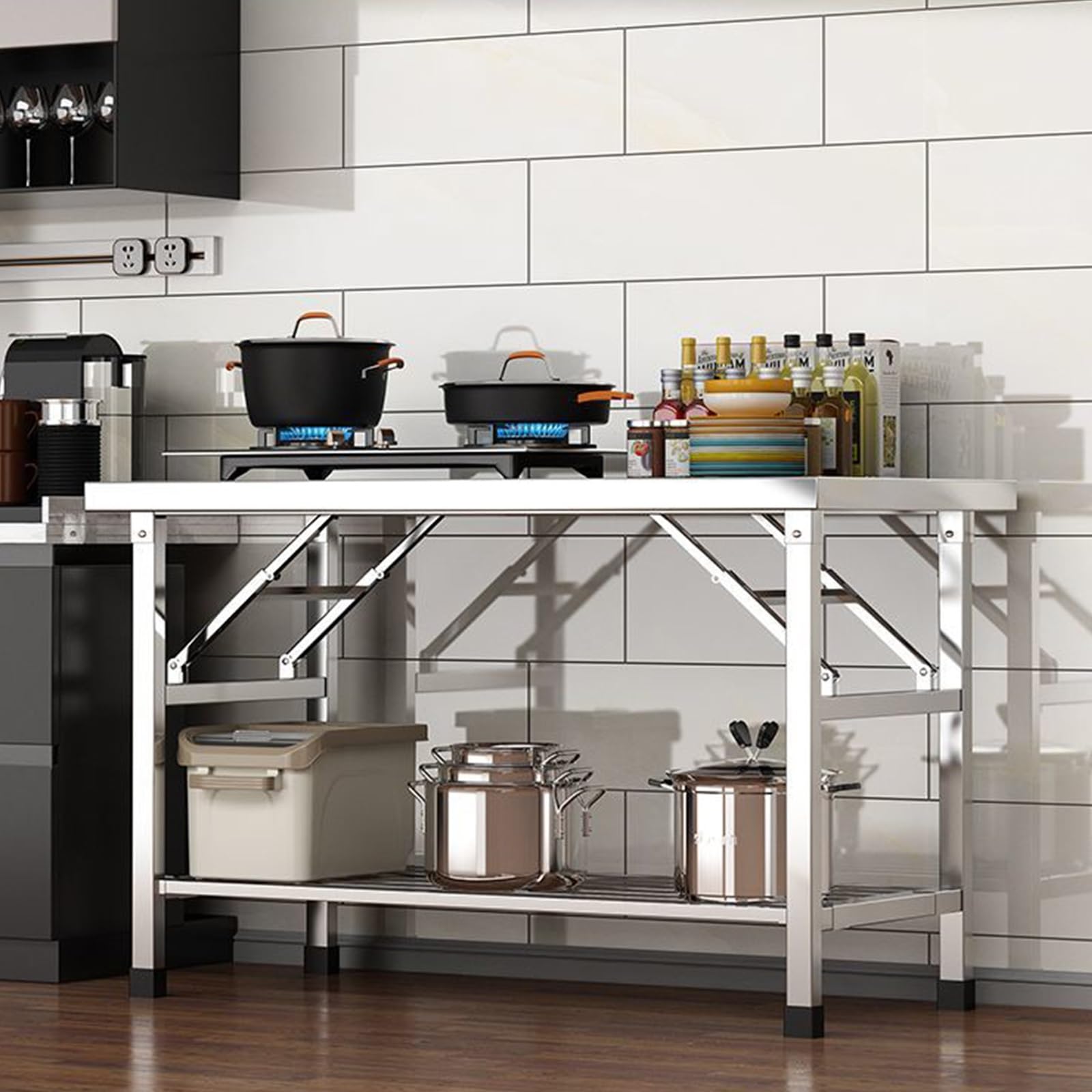 Tavolo pieghevole in acciaio inox per cucina e ristorante, tavolo salvaspazio in metallo per cucinare, preparare cibi e cenare, facile da riporre, costruzione durevole