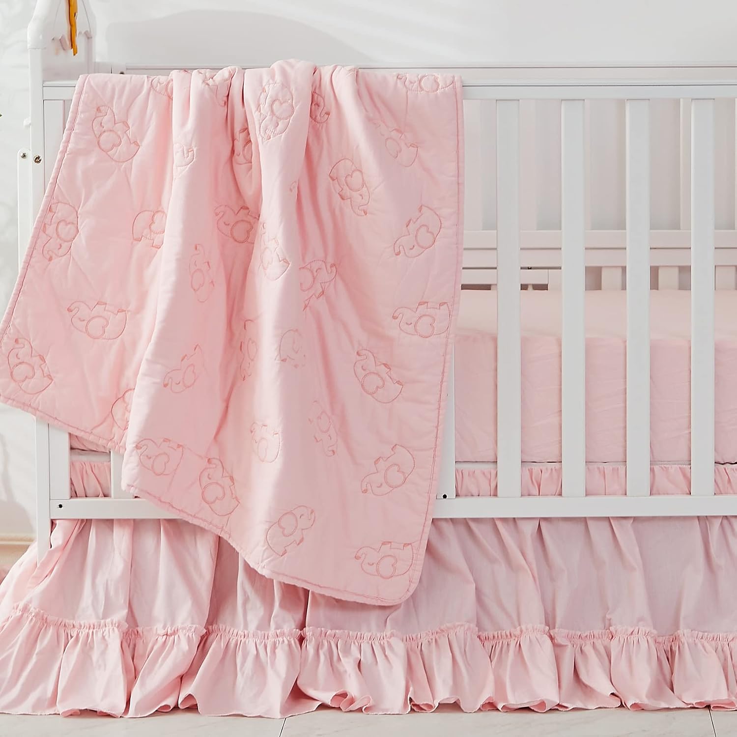 Brandream Girls Crib Bedding Embroidered Elephant Nursery Bedding Set Chic Sweet Pink Farmhouse Baby Cotton Quilt Set, 3 Pieces