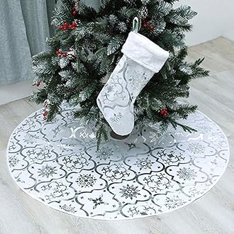 White Christmas Tree Skirt, 48 inches Large Red Flannel Tree Mat with Gilded Christmas Patterns Skirt for Xmas Tree Holiday Party Decorations Indoor Outdoor with 1 Christmas Stocking (White)