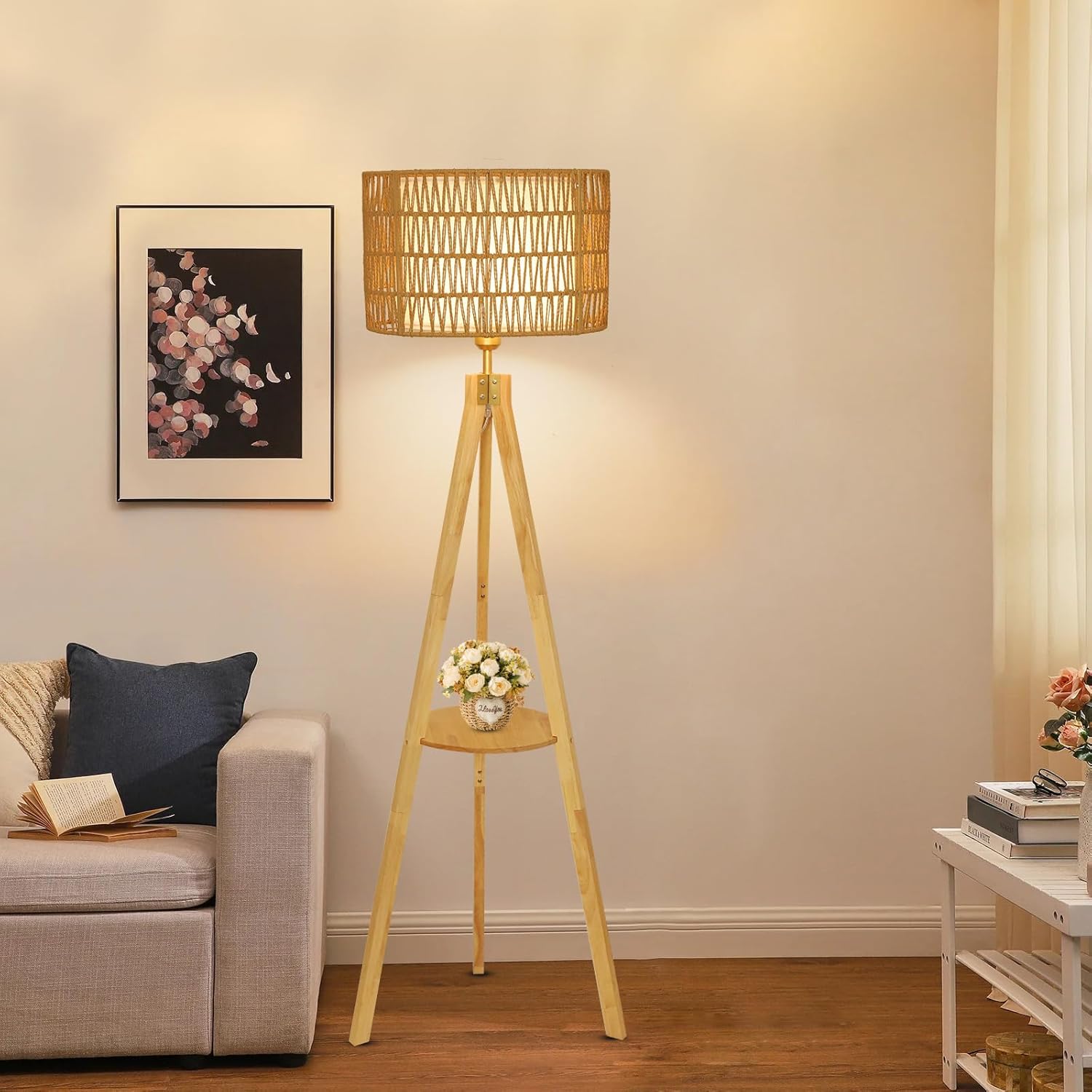 Oak Wood Tripod Floor Lamps for Living Room, Boho Floor Lamp with Shelves, Mid Century Rattan Standing Lamp with Fabric Shade, ON/Off Switch, Farmhouse Tall Floor Lamps for Bedroom Office