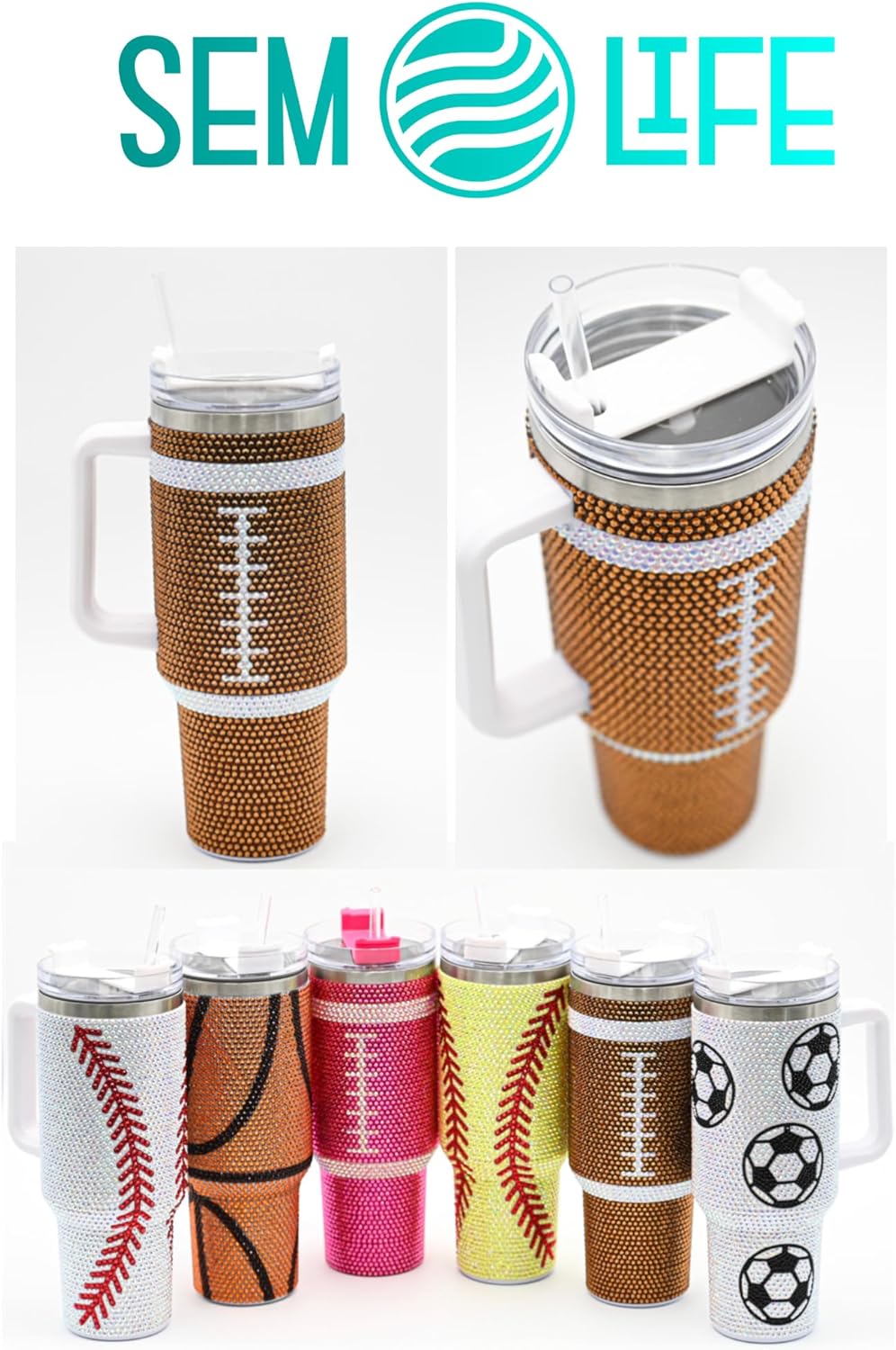 40 Oz Rhinestone Bling Tumbler Cup with Handle and Straw (FOOTBALL), Stainless Steel and Double Wall Insulated, Stand Out and Shine at Parties, Ball Games, Tailgating, Office, Daily Life - Image 5