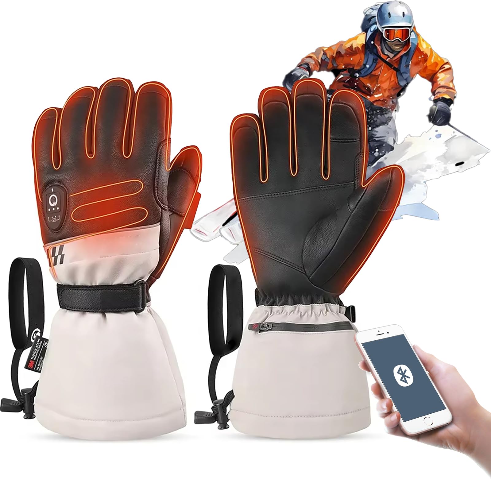 Guanti riscaldati ricaricabili con Bluetooth, batteria da 12000 mAh, impermeabili e 3 impostazioni di temperatura, per sport invernali, attività all'aperto
