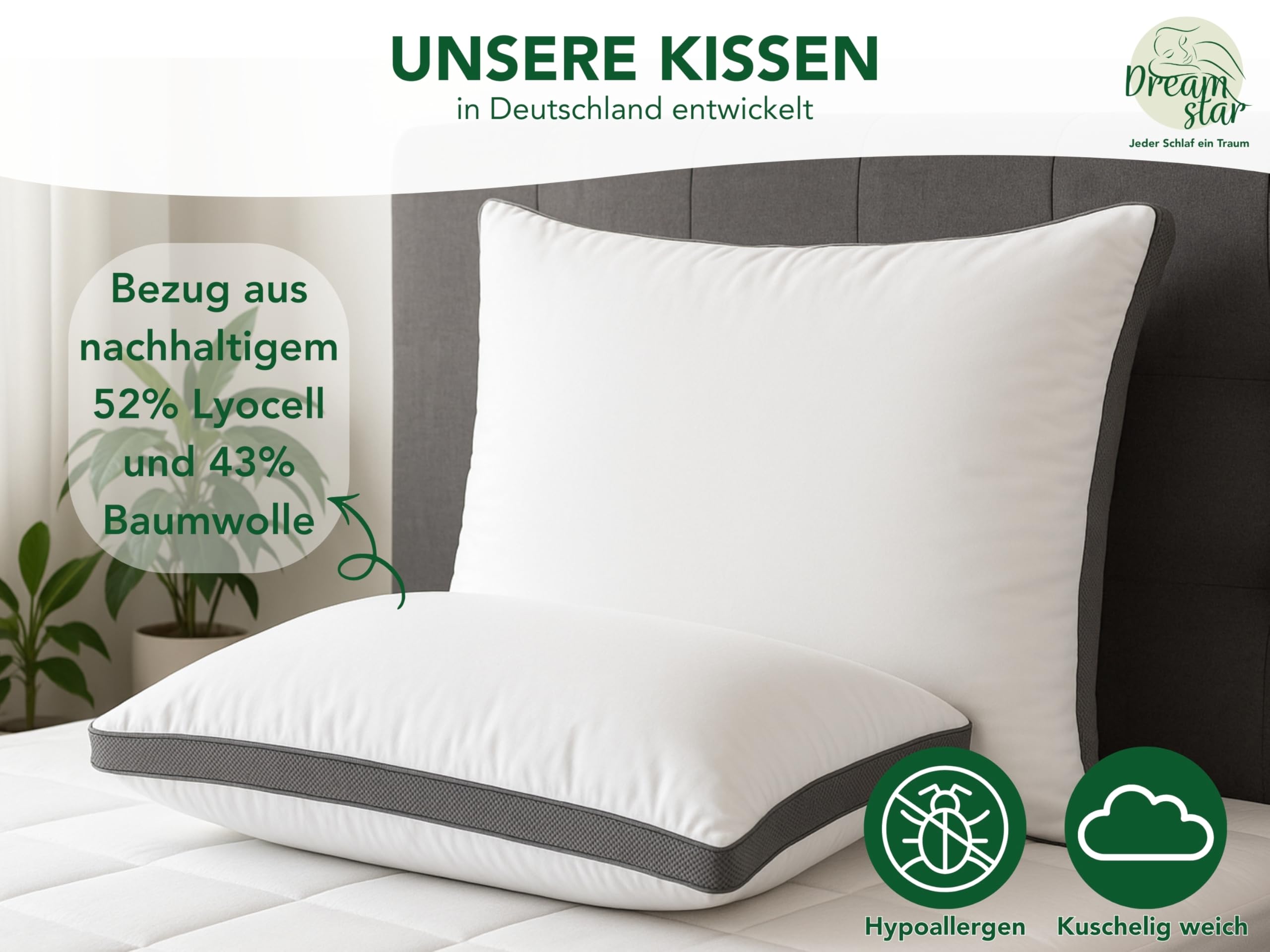 DREAMSTAR Kopfkissen Lyocell 2er Set 80x80 Wohlfühlkissen I Kissen, Nackenkissen I Schlafkissen atmungsaktiv waschbar für Allergiker I Seitenschläfer, Rückenschläfer, Bauchschläfer I Öko-TEX®