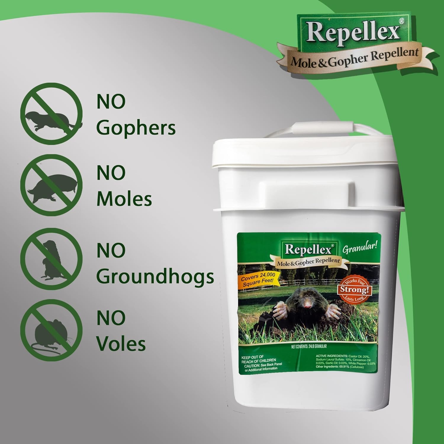 Repellex Mole and Gopher Repellent Granules, 24 lb with Scoop, Ready-to-Use Outdoor Lawn & Garden Protection, Long-Lasting Mole & Vole Repellent, People & Pet Safe
