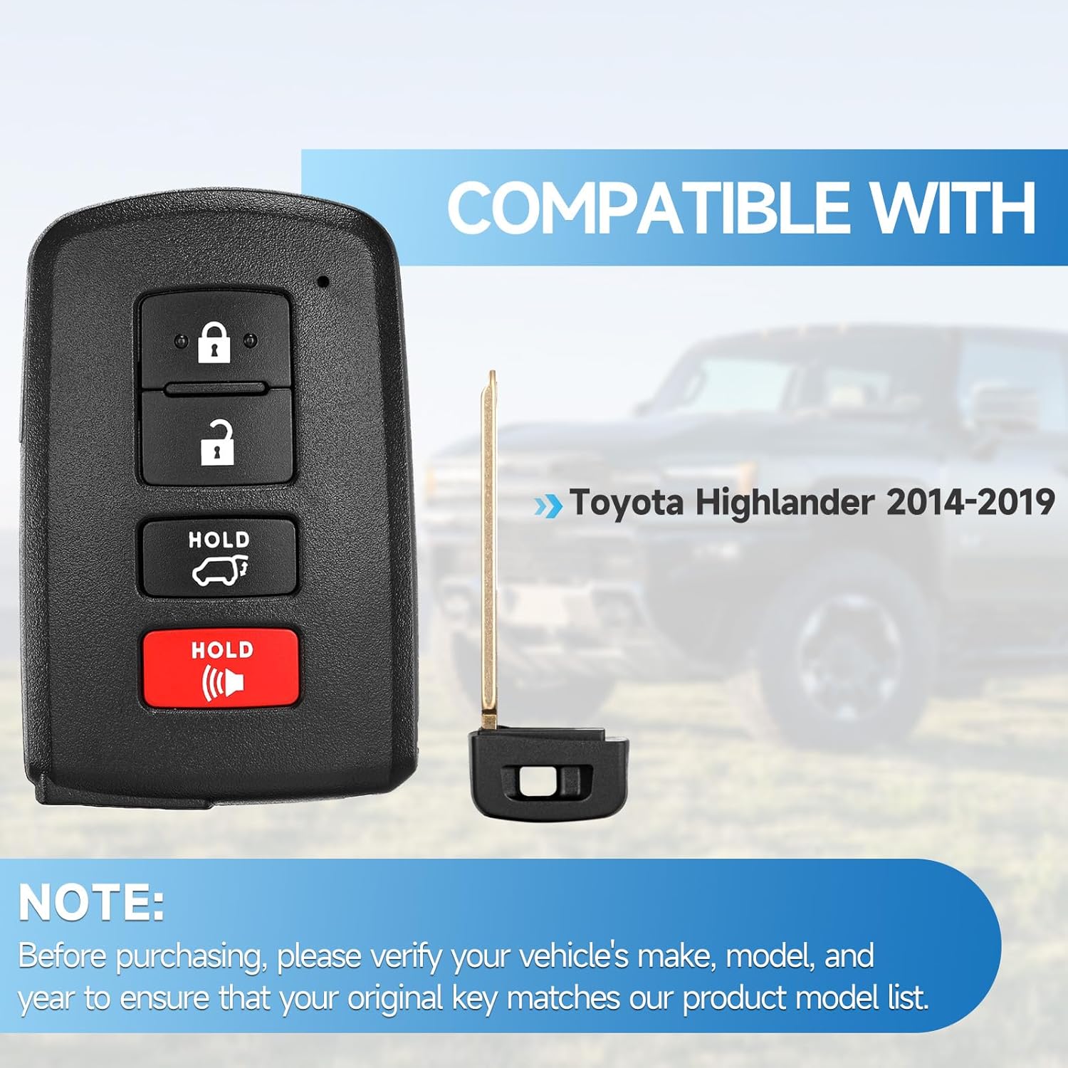Smart Key Fob Replacement Fits for Toyota Highlander 2014 2015 2016 2017 2018 2019 Proximity Keyless Entry Remote Control 315 Mhz P/N:89904-0E121 89904-0E120AG FCC:HYQ14FBA
