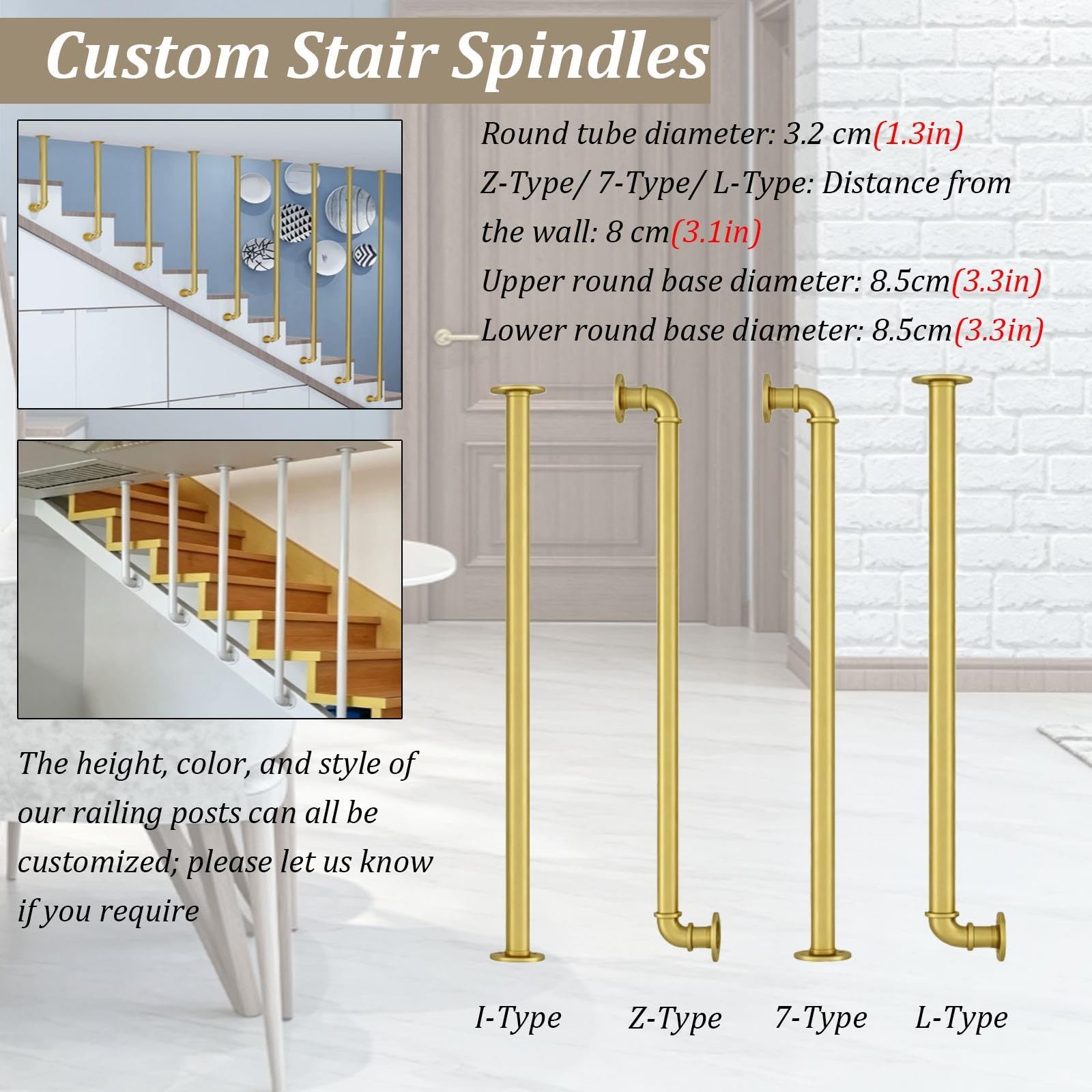 Gold Balusters for Staircase Interior, Round Spindles Stair Handrail