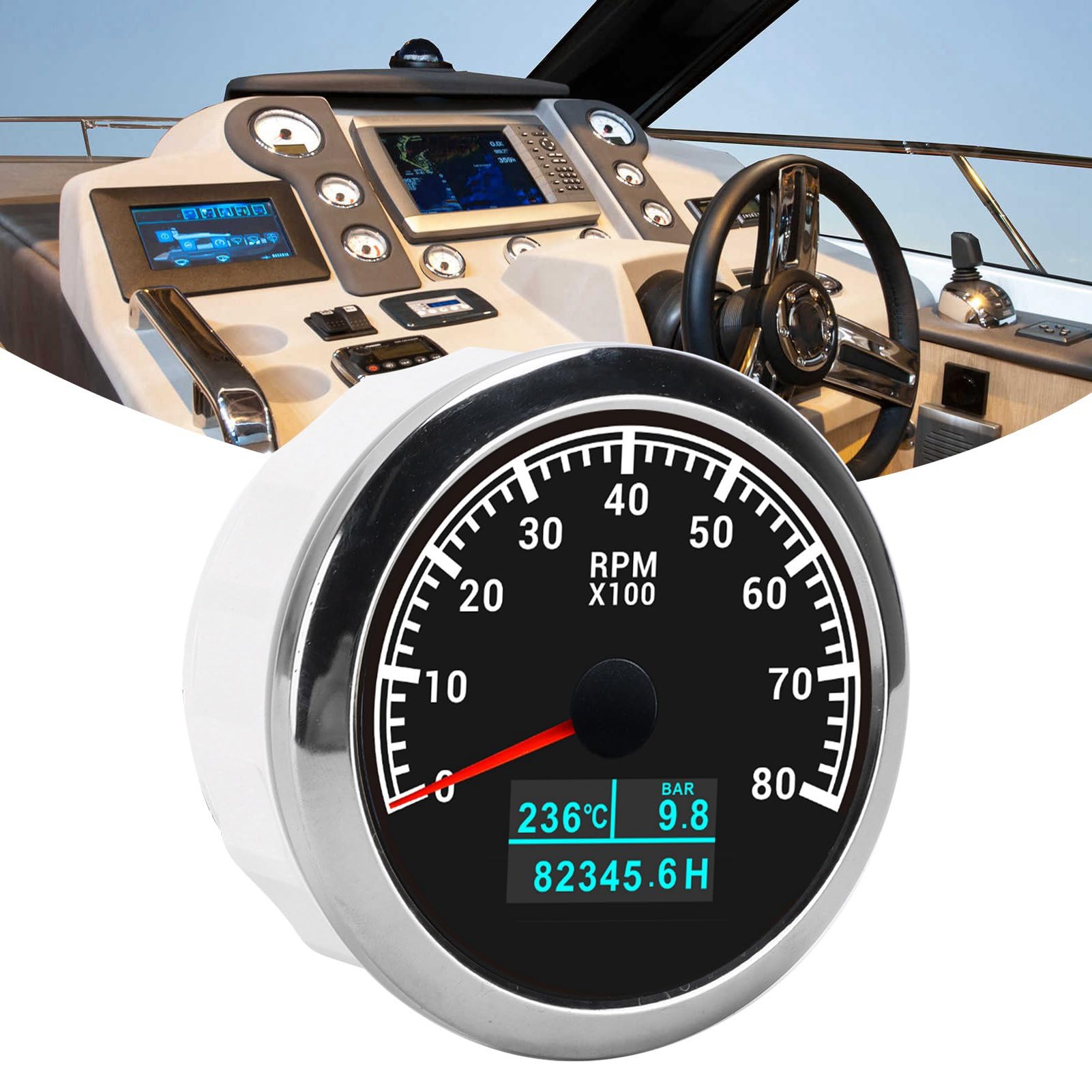 Tachymètre 3 en 1 pour température de l'eau, pression d'huile et compteur horaire pour voiture, camion, bateau, affichage pointeur IP67 avec cadran blanc et moteur pas à pas haute (Cadran noir)