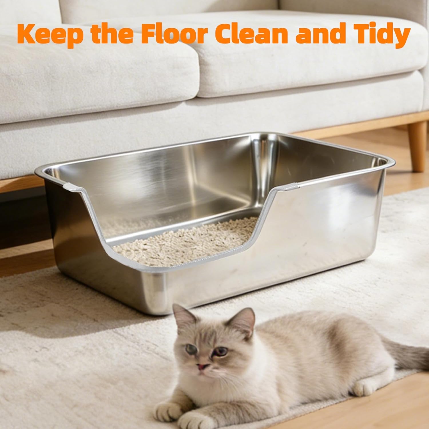 Stainless Steel Litter Box,Extra Large High Sided Litter Box for Indoor Big Cats,XL Jumbo Metal Cat Litter Boxes with Low Entry for Kittens & Senior Cats,Splash-Proof,Easy to Clean (Corner Entry)