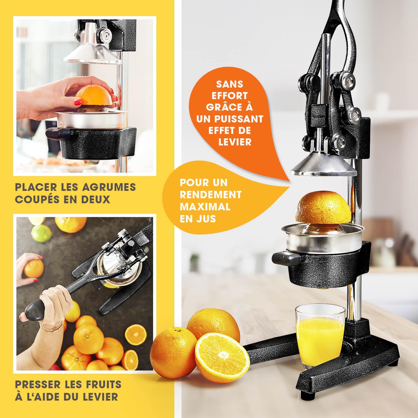 Lumaland Entsafter Zitronenpresse manuell leise Gusseisen Handpresse Zitrusfrüchte Orangenpresse Slow Juicer schwarz